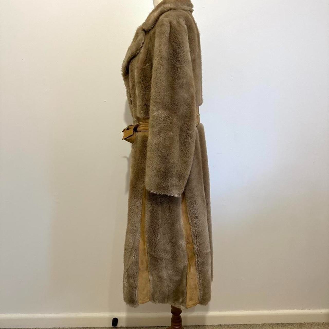 Vintage Faux Fur Coat Brown Genuine Suede Trim Belted Maxi Jacket AU 10-12