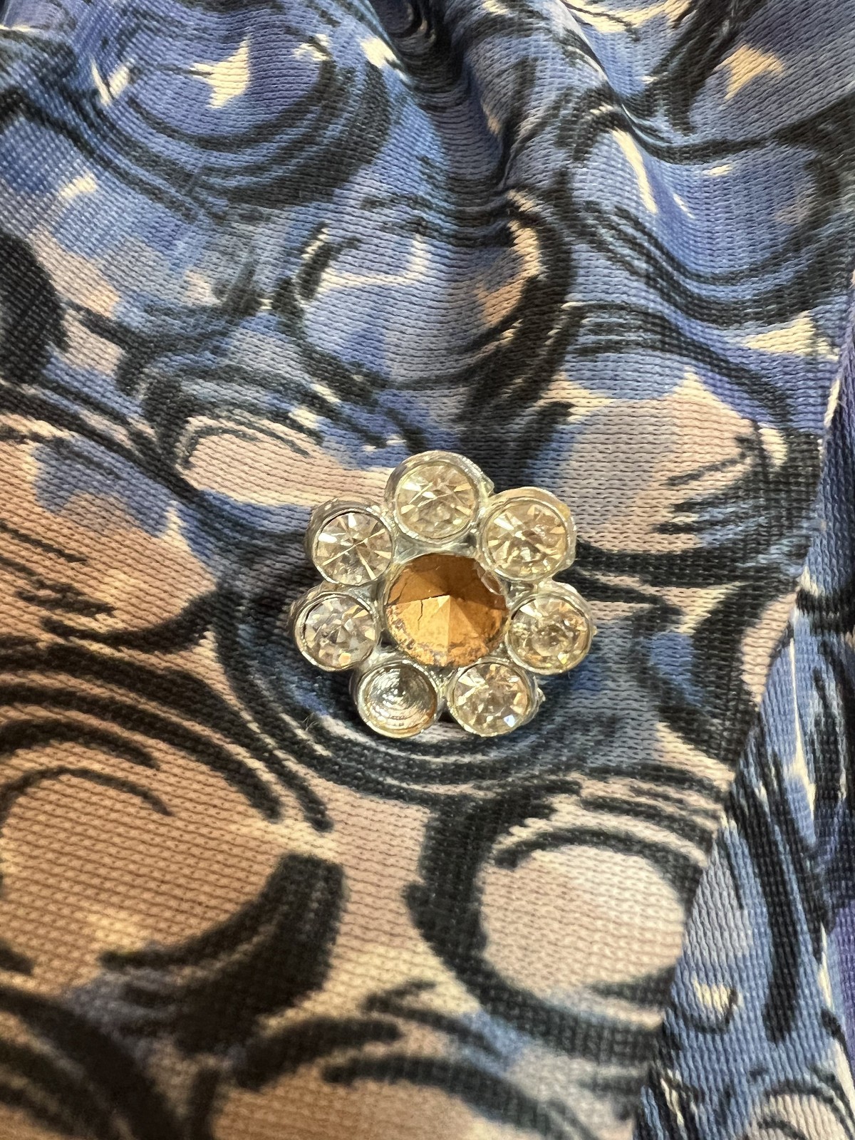 Vintage blue geometric 50s soft knit dress Fancy collar rhinestones belt Size L