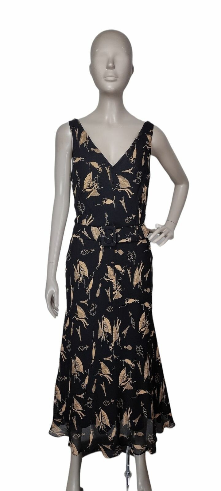 Vintage 90s 100% Silk Black Gold Paris Flamenco Dancer All Over Print Dress