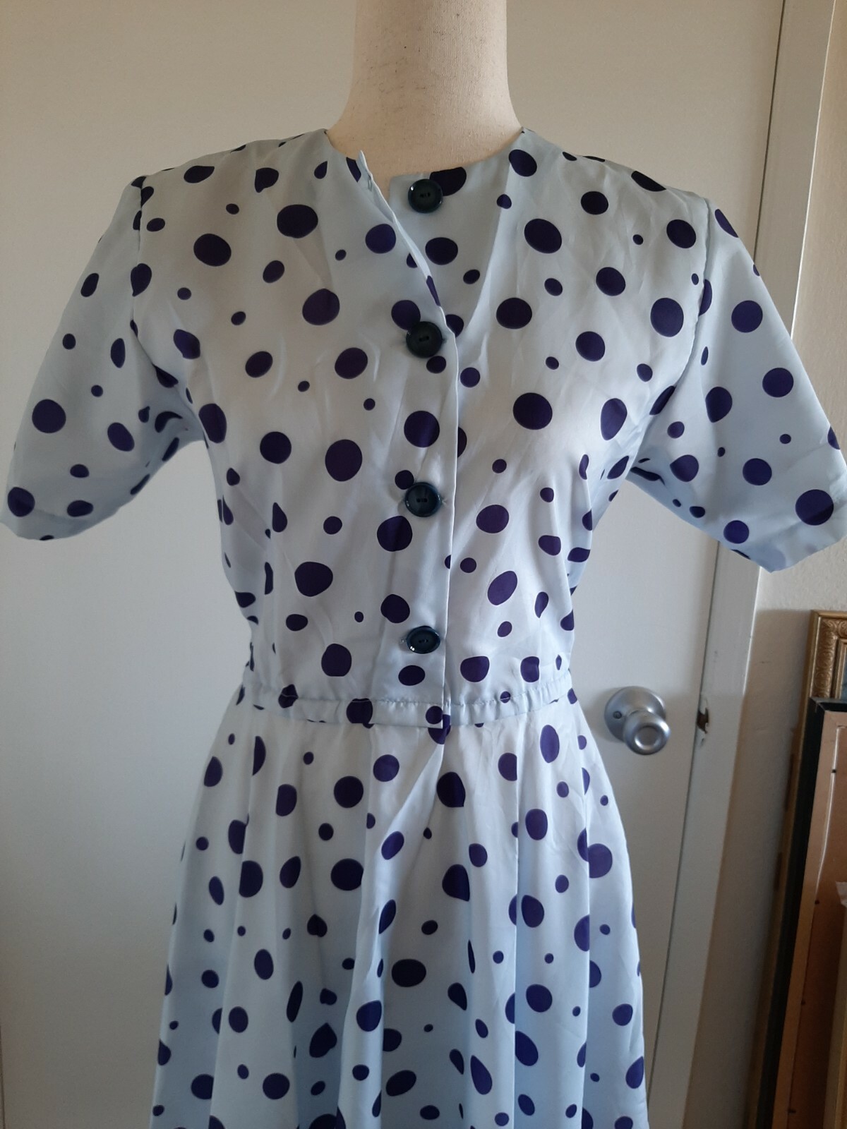 Vintage 50s Blue Polka Dot Shirtwaist Dress Larger Size VLV Rockabilly