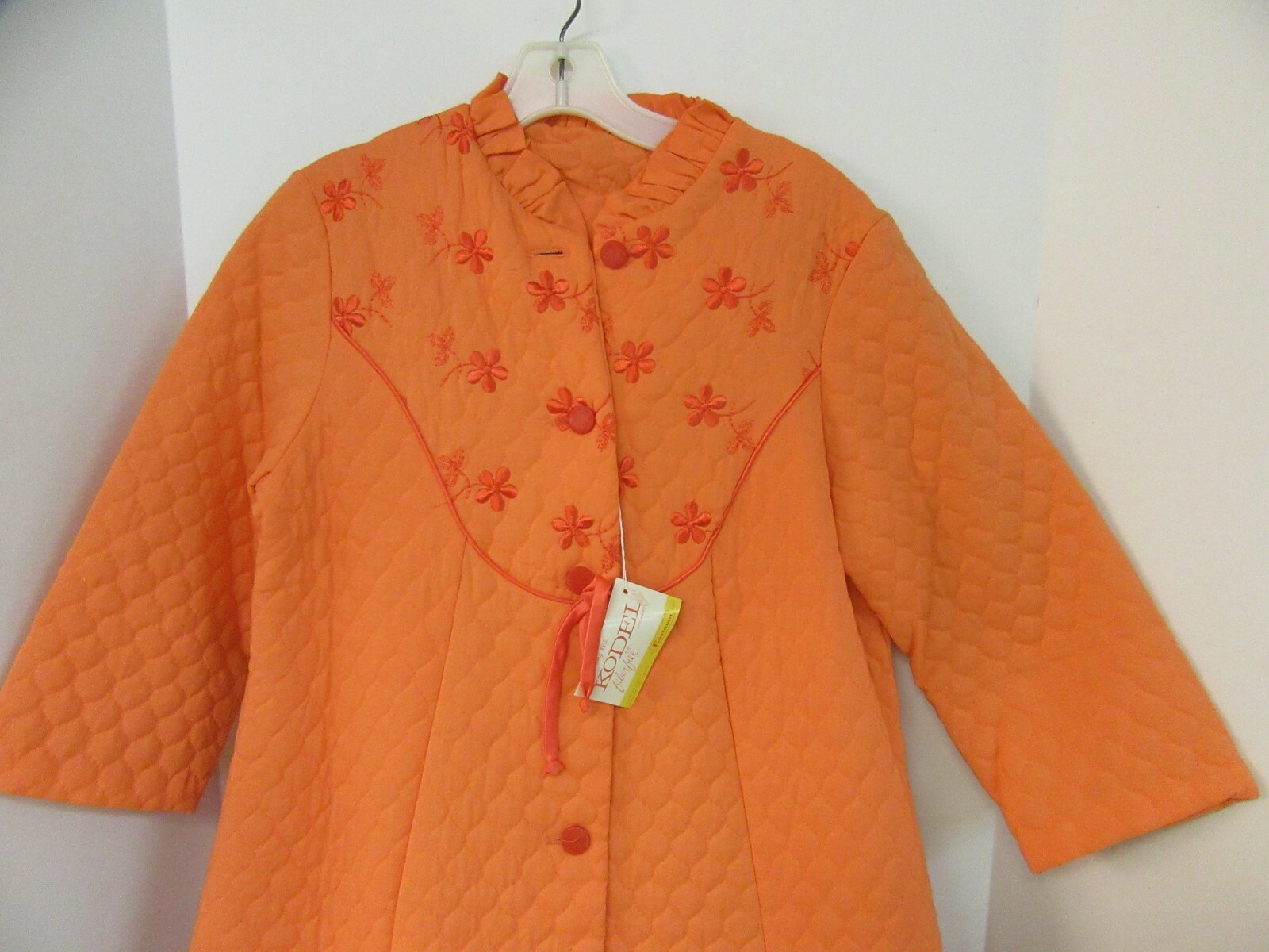 Vintage Kodel Quilted House Coat Orange Size 14 Button Front 1 Pocket