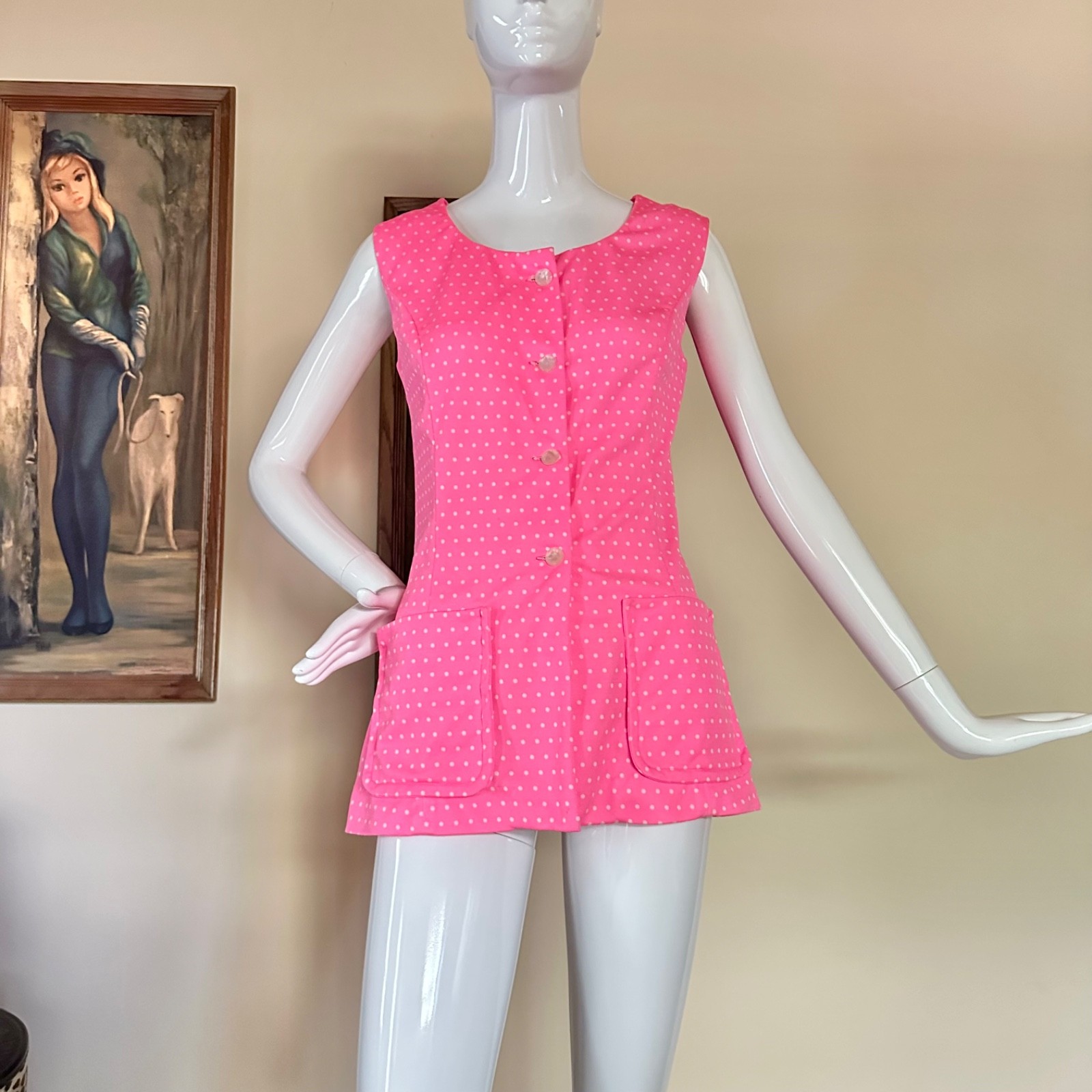 Vintage 1970s Mod Go-Go Hot Pink Polka Dot Micro Mini Dress Tunic Smock Top S/M