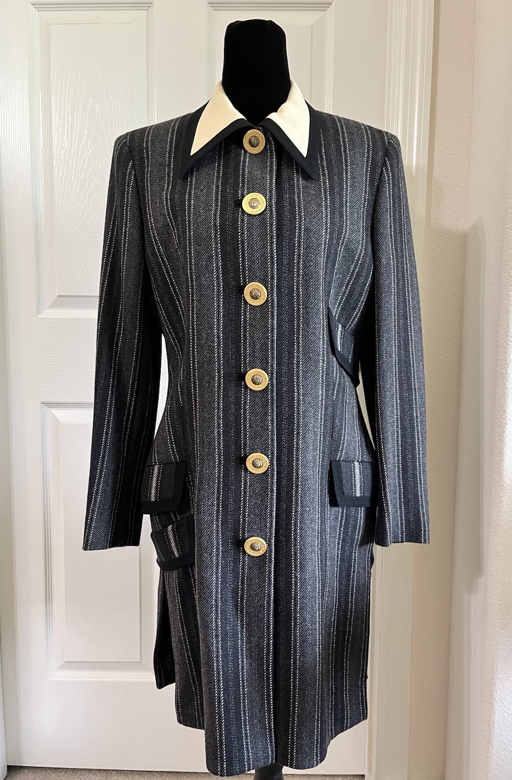 Vintage GIANNI VERSACE Couture Striped Wool Jacket with Medusa Buttons, Size 8