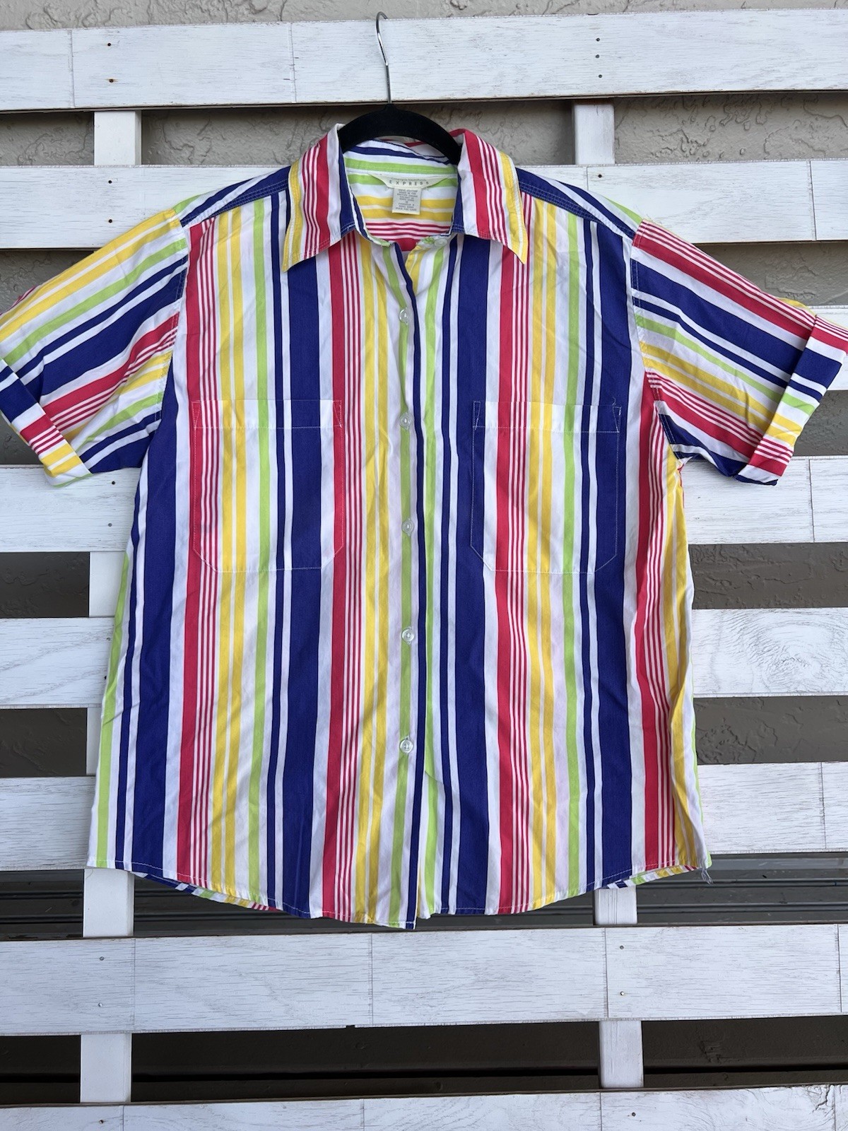 Vintage 90s Express Womens S Bright Colorful Button Front Striped Short Sleeves.
