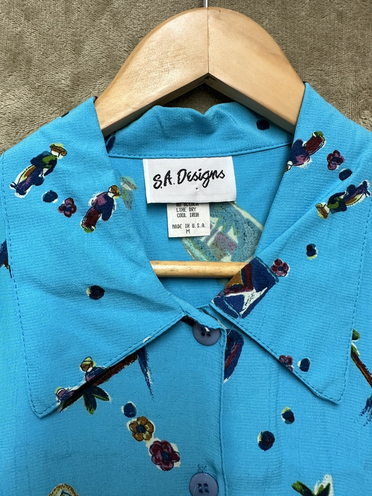 VTG 80s womens SA designs Hawaiian palm tree Button Down Shirt made in USA Blue