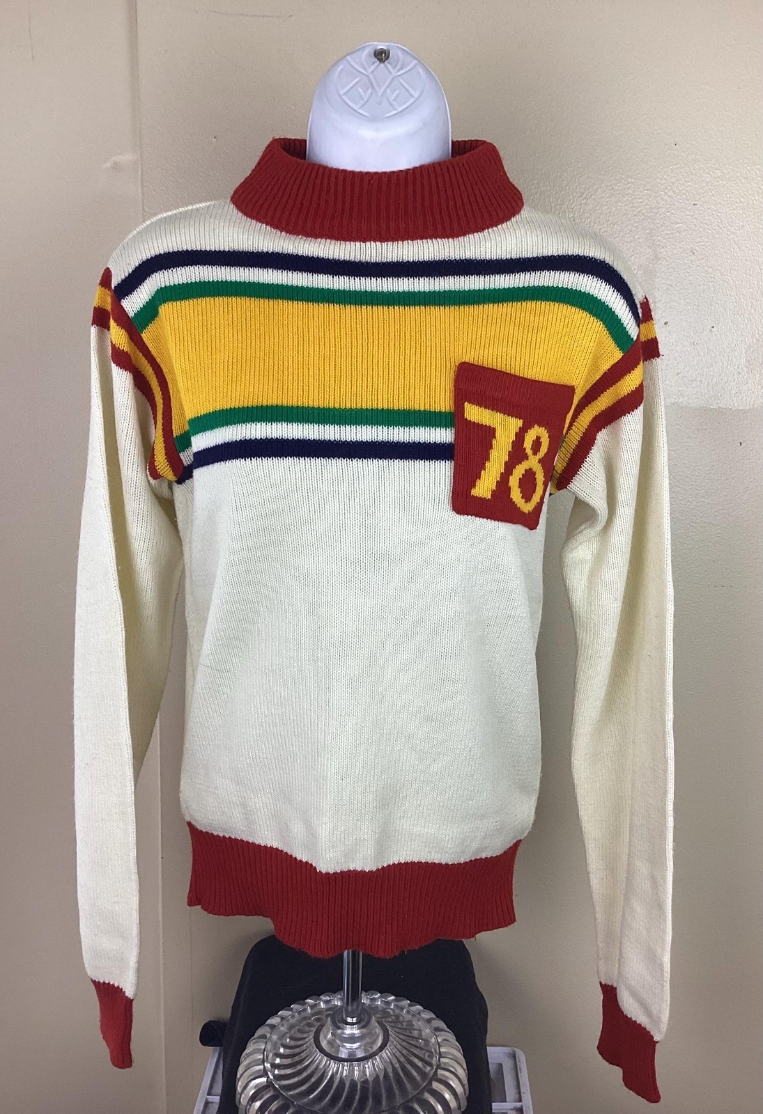 Vtg 70s Numbers Striped Print Pocket Pullover Sweater White Red M Women’s Size