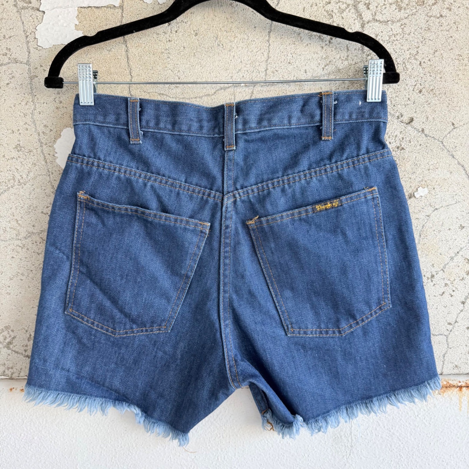 Vtg 70s Denim Shorts High Waisted Jean Cutoffs Raw Hem Sears Thumbs Up Womens 32