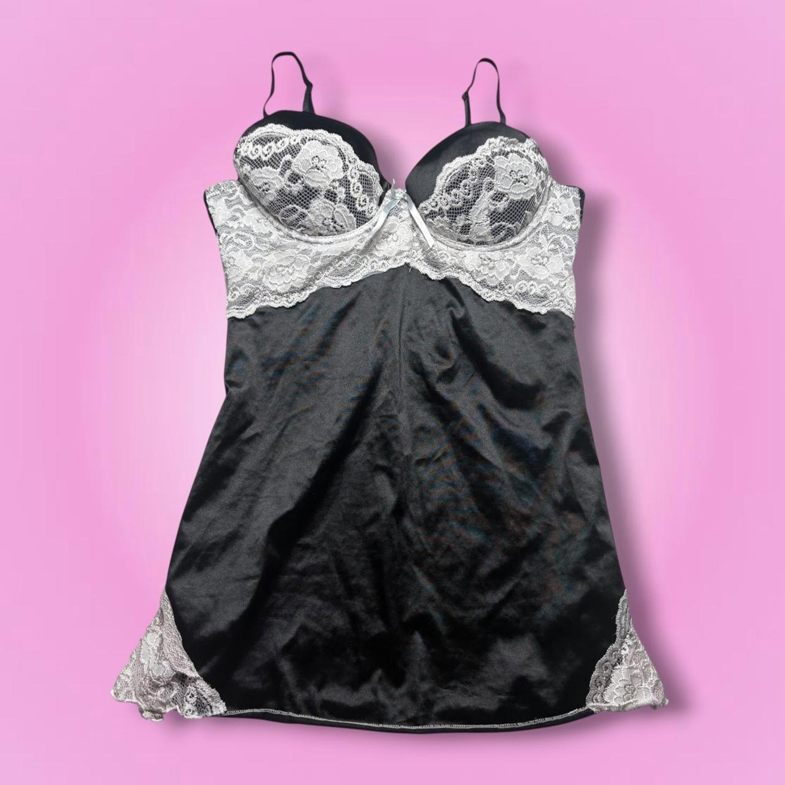 Y2K Nature Black & White Satin Lace Babydoll Chemise