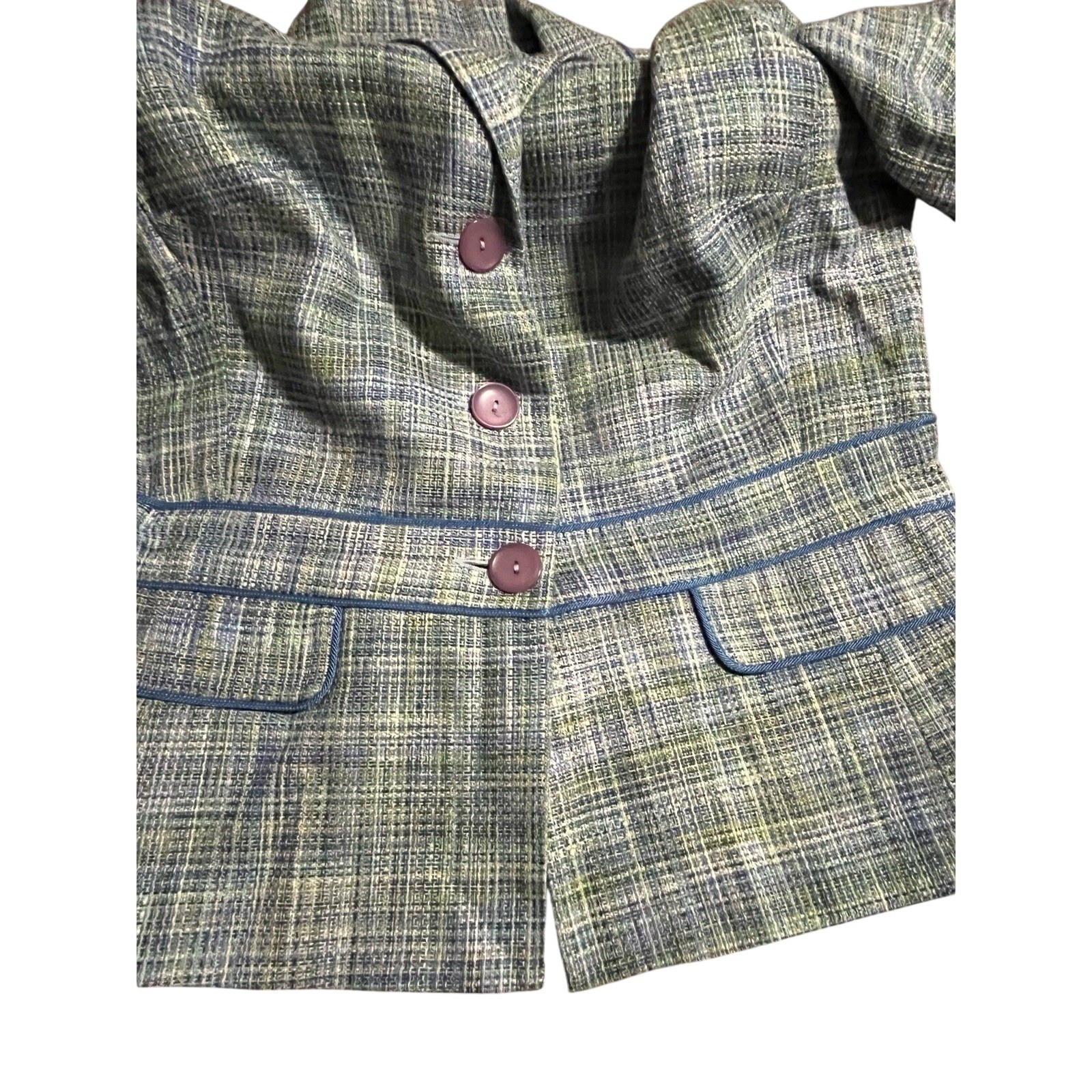 Vintage Sag Harbor Women’s Pastel Tweed Jacket Blazer Suit size 12 In blue green