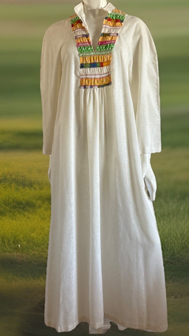 Vintage 1970s Maxi Caftan Dress Cotton Muslin Embroidered Smocked Sz M Excellent
