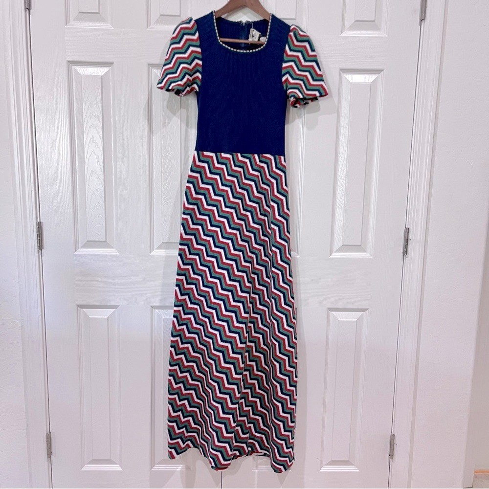 Vintage 1970s Aristo Kat Blue Multicolor Chevron Ribbed Knit Maxi Dress Size 12