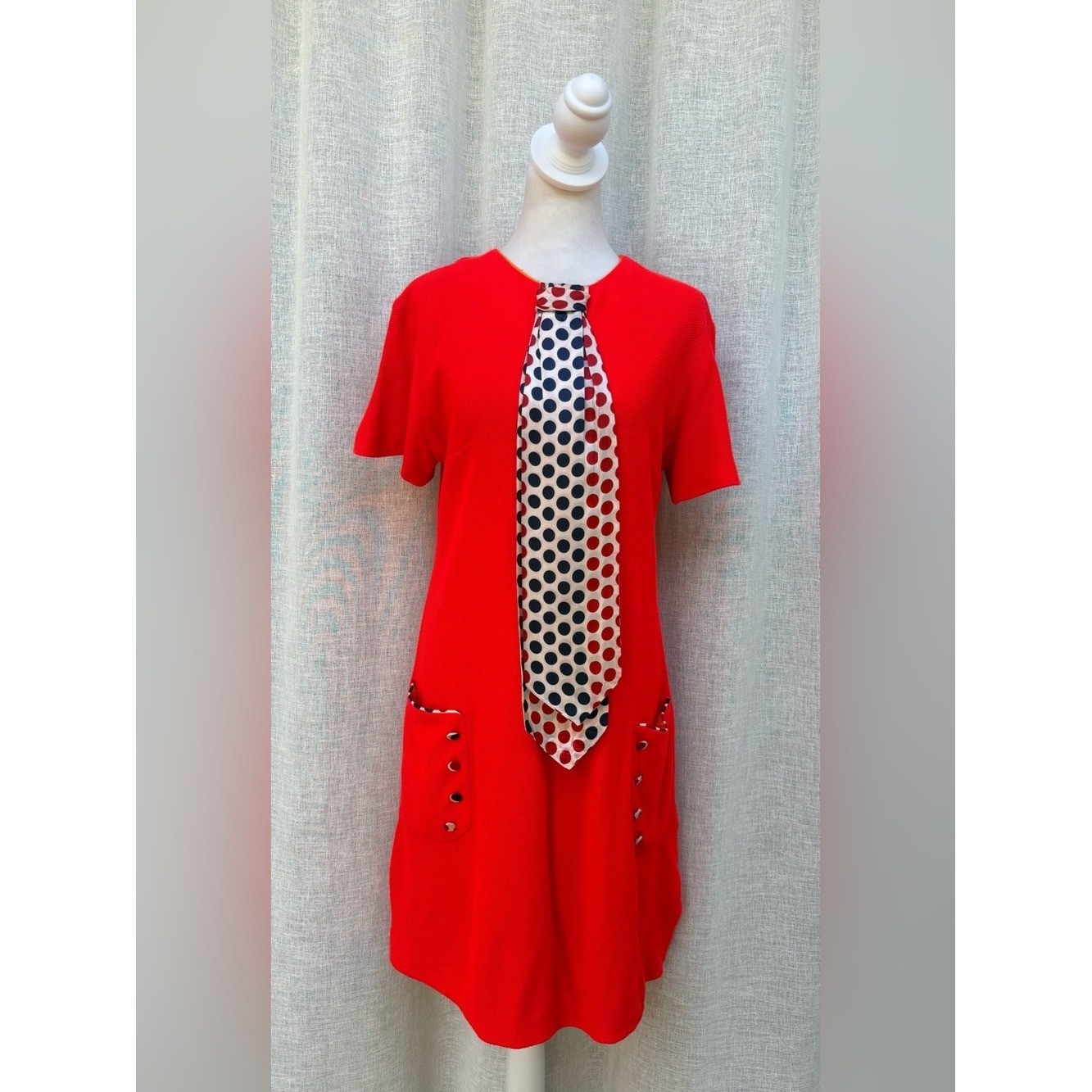 1960 bright red mini dress with polka dots attached scarfs