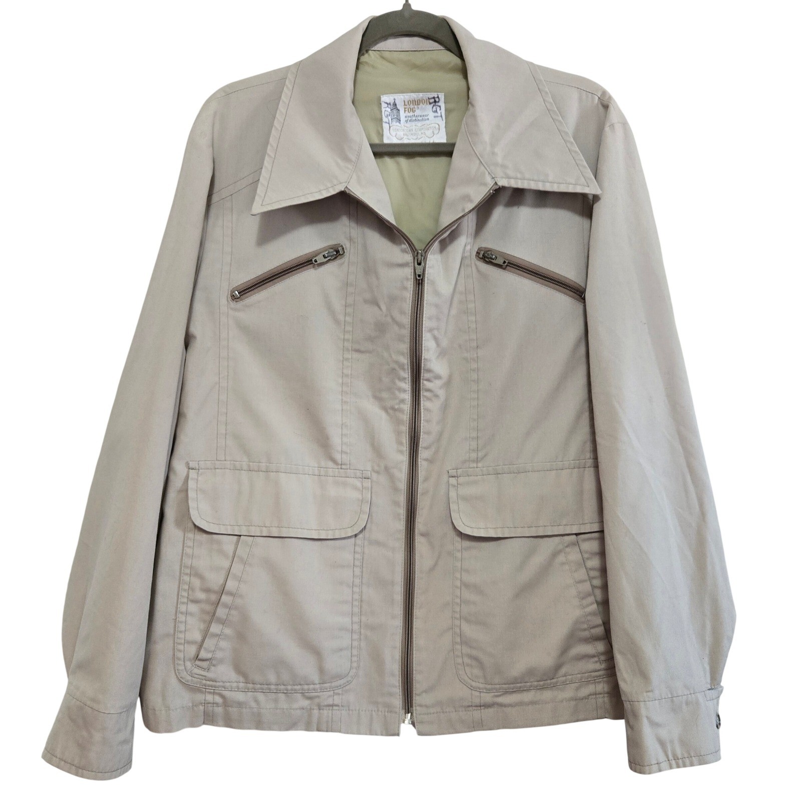 Vintage London Fog Classic 1970’s Beige Zip Front Utility Jacket Tan Size 44 XL