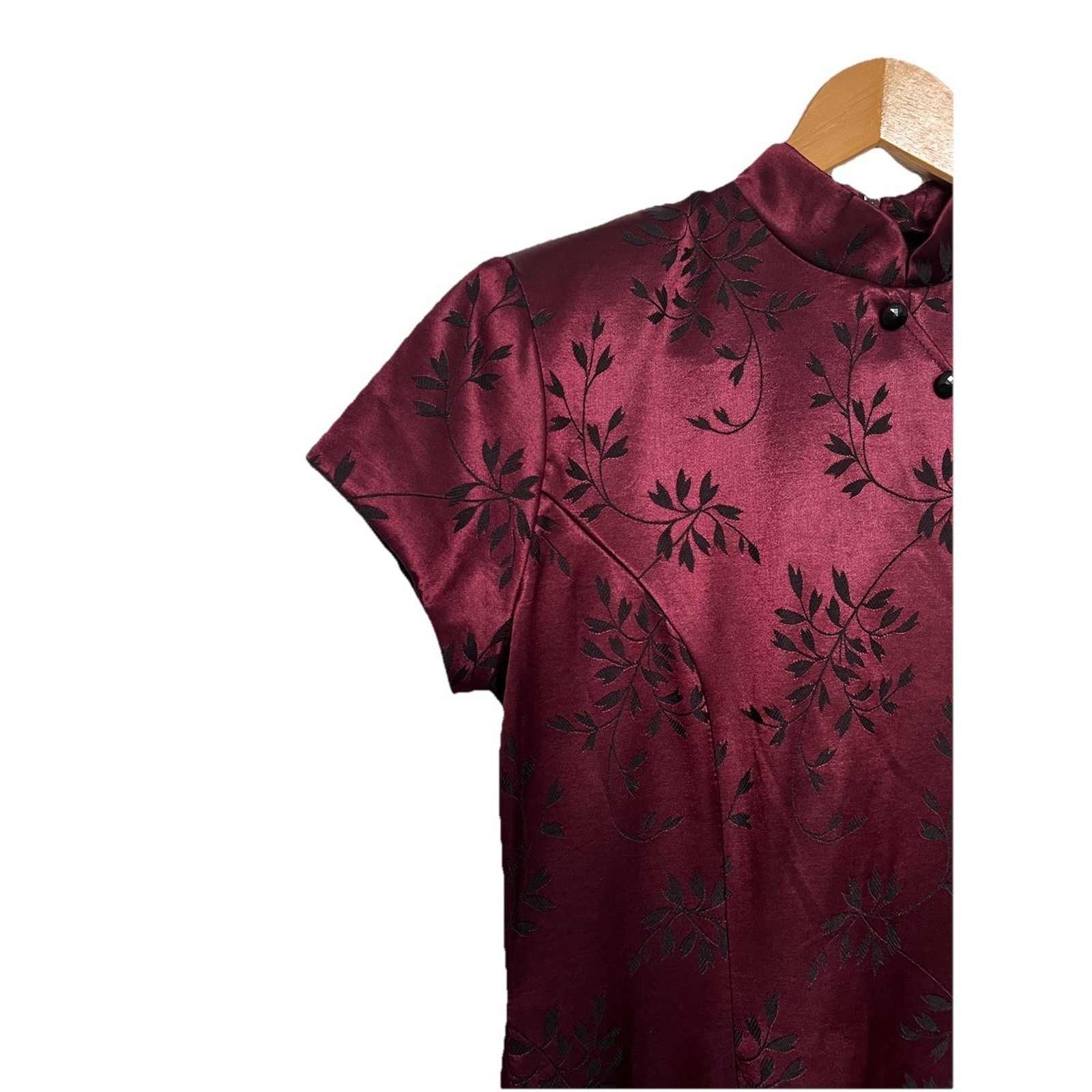 Vintage 90s Dawn Joy Satin Cheongsam Maxi Dress Burgundy Floral Goth Y2K 7/8