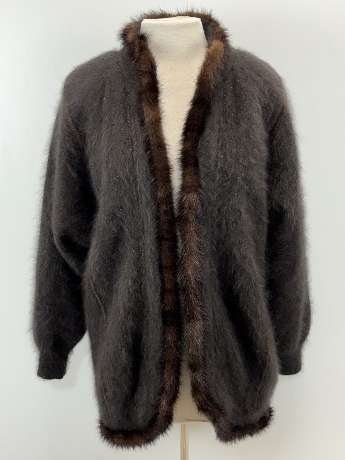 Vtg Angora Sweater Jacket Women’s M L Brown Fuzzy Fur Trim Beaded Old Money 80s
