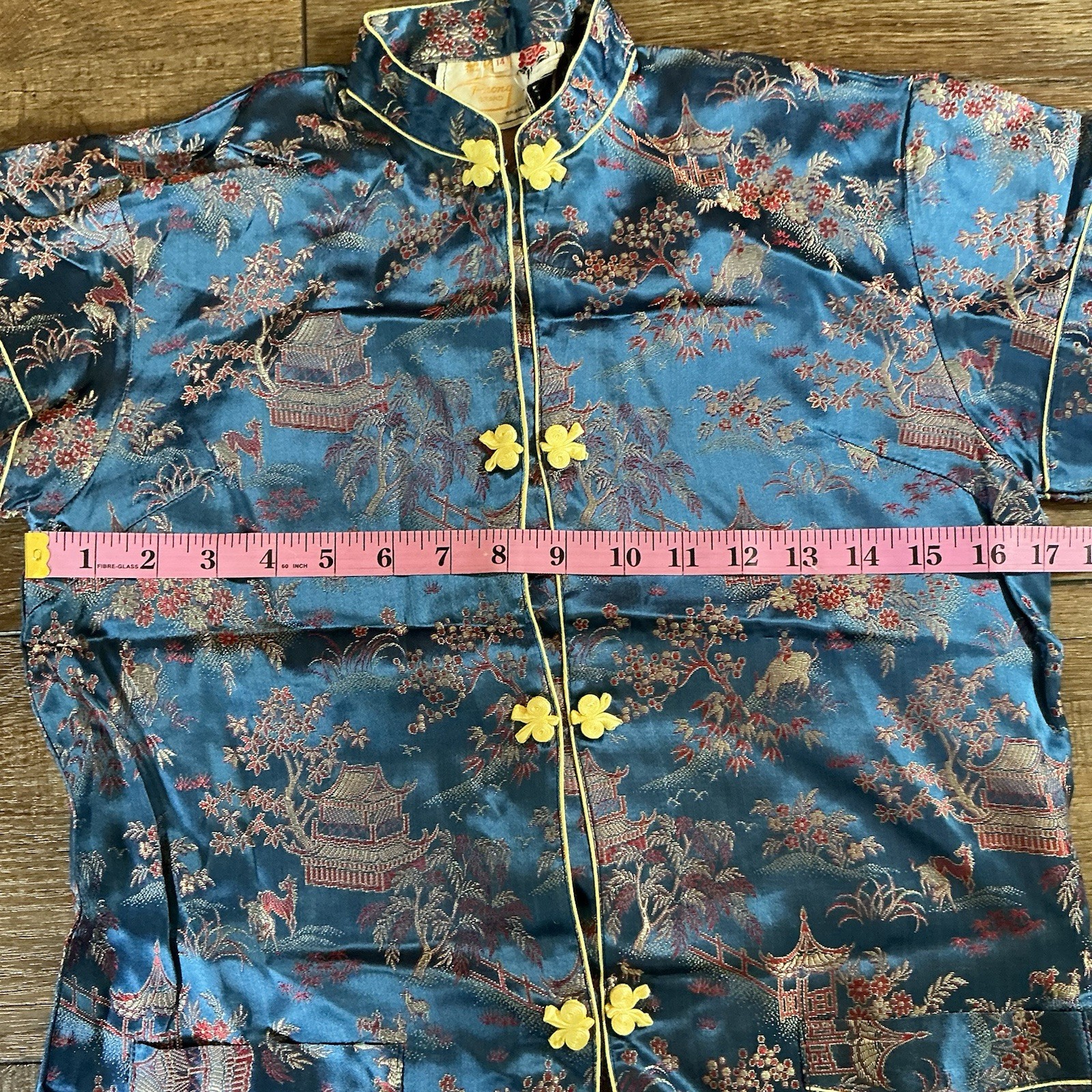 VINTAGE Size 14 Peony Chinese Pajama Set Frog Button Brocade Satin Lounge #61708