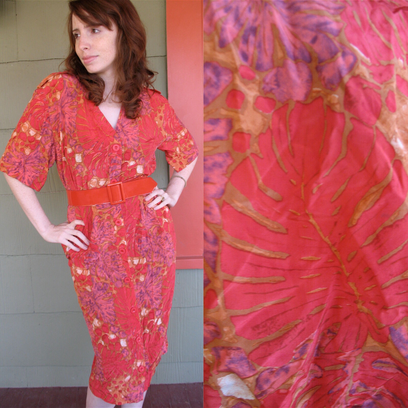 Vintage 80s Does 40s Hawaiian Dress Silk Bombshell Pin Up Vixen Monsteria Leaf 8