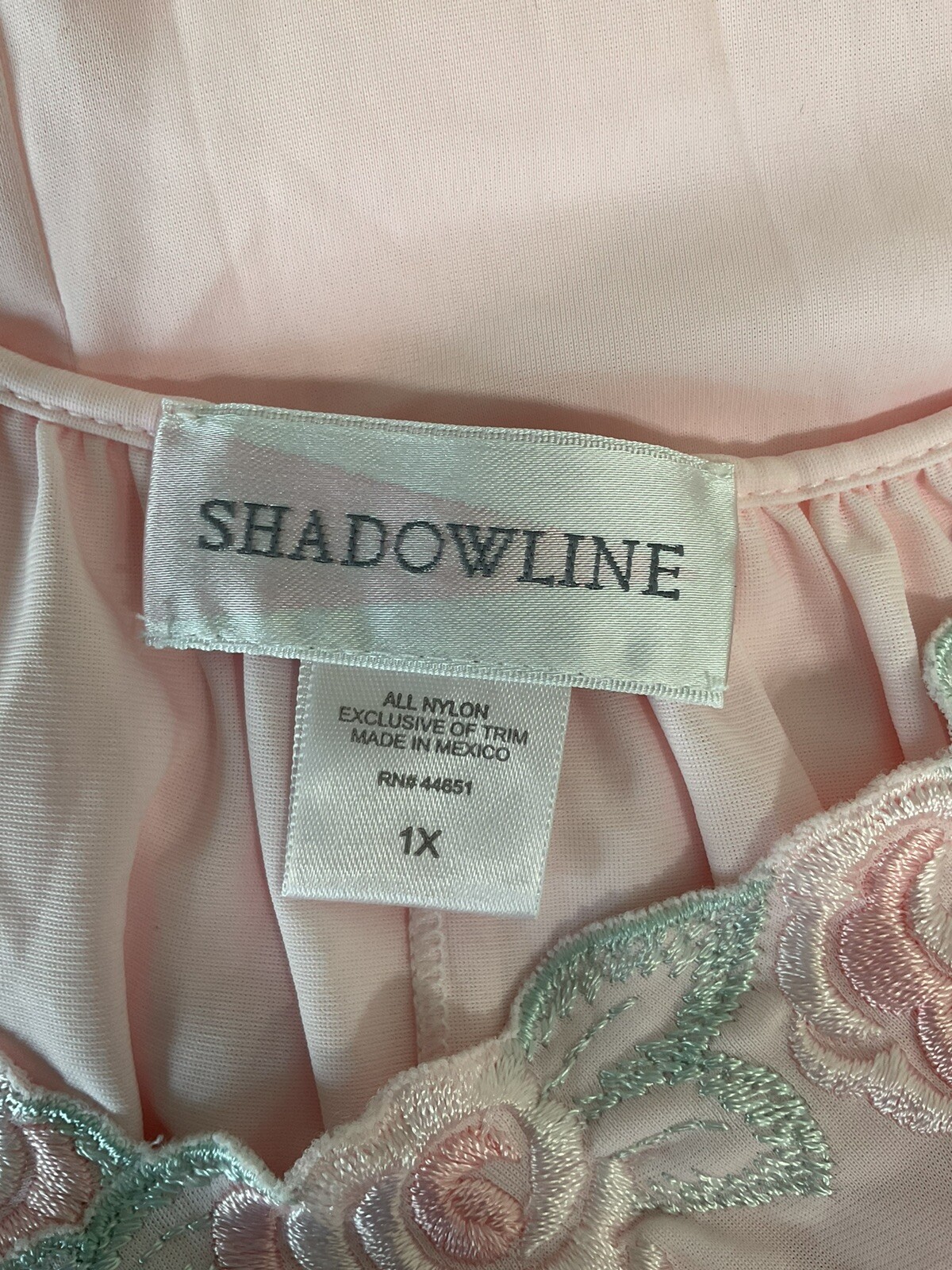 ShadowLine Vtg 1X Light Pink Silky Nightgown Embroidered w Pink Roses Romantic