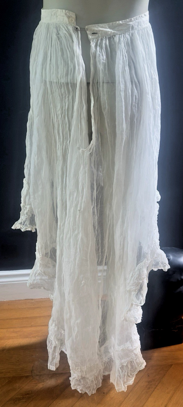 Antique Edwardian Lacy French Fashion Ruffled Lawn Skirt Slip with Flowing Train