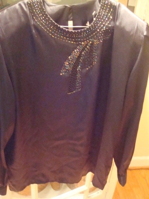 Vintage 70’s 80’s Black Susan Hutton Poly Blouse Beaded Sz 14 New