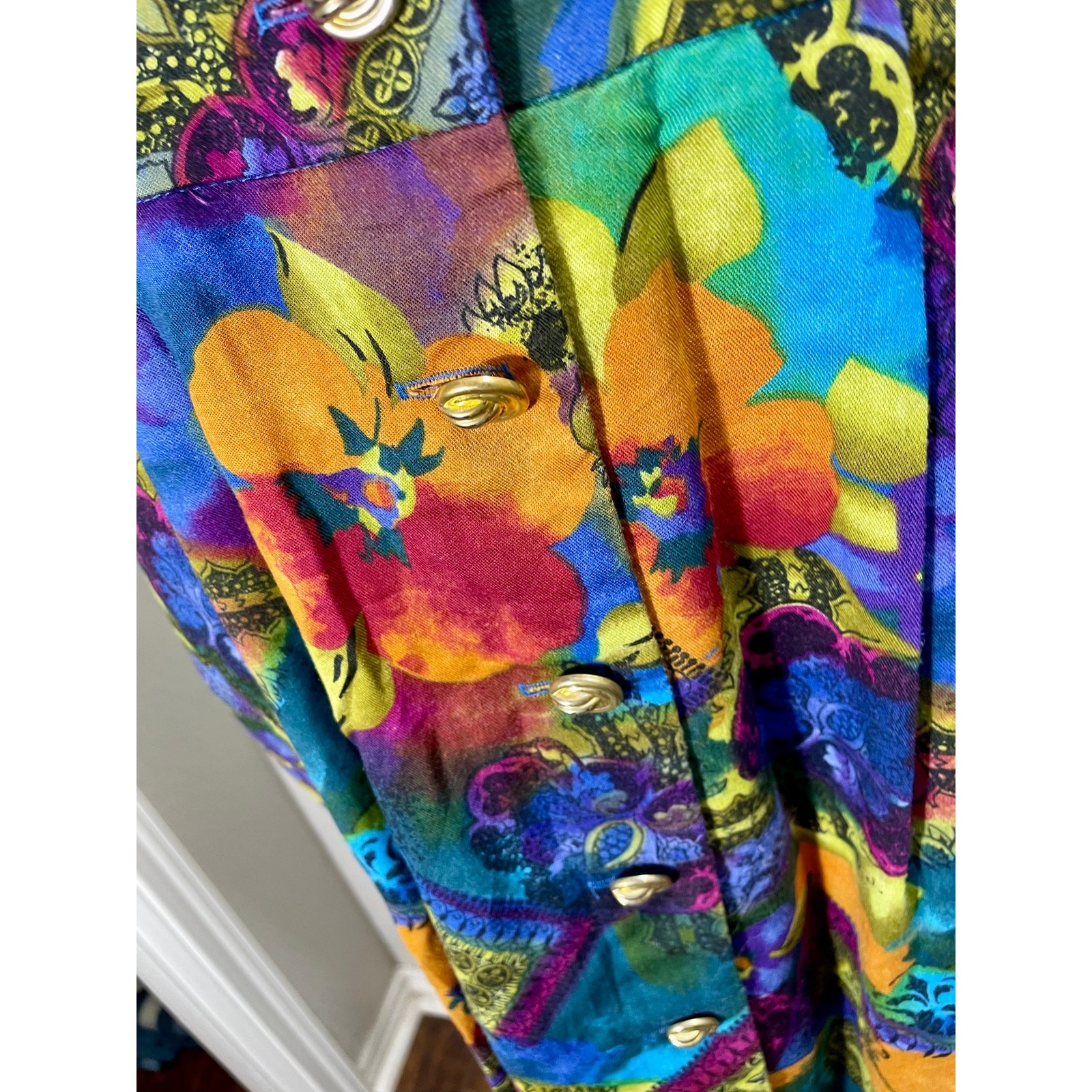 Vintage 80s Via Sant Andrea Dress Vibrant Multicolor Floral Geometric Size 12