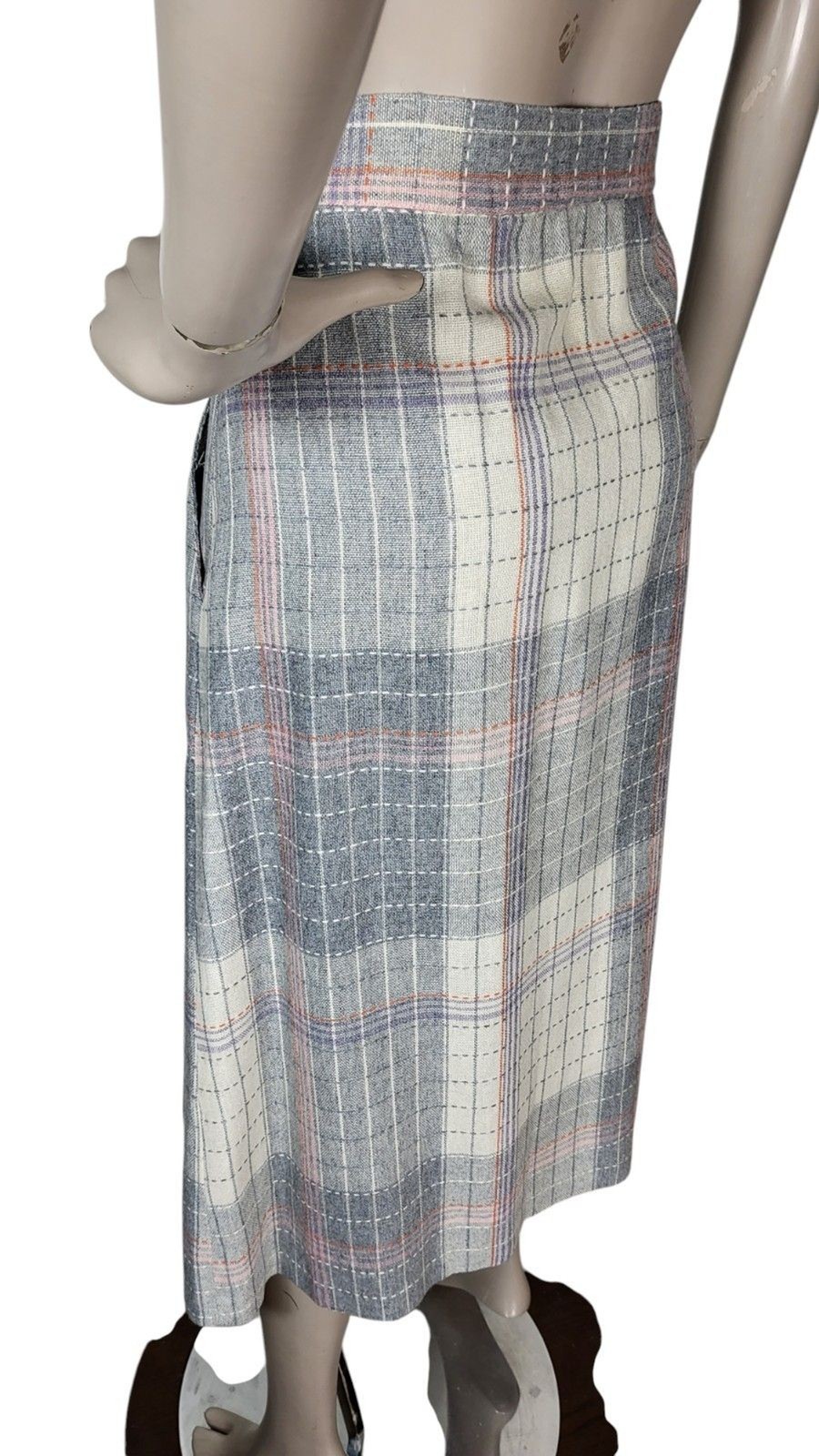 VTG 70s Wool Blend Grey Pink Plaid Tweed Midi Secretary Academia Librarian Skirt