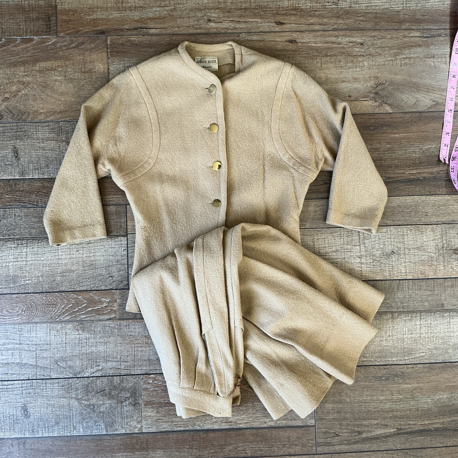 50s VINTAGE Junior House Milwaukee Camel Wool Suit Jacket Skirt Set Size 9 #501