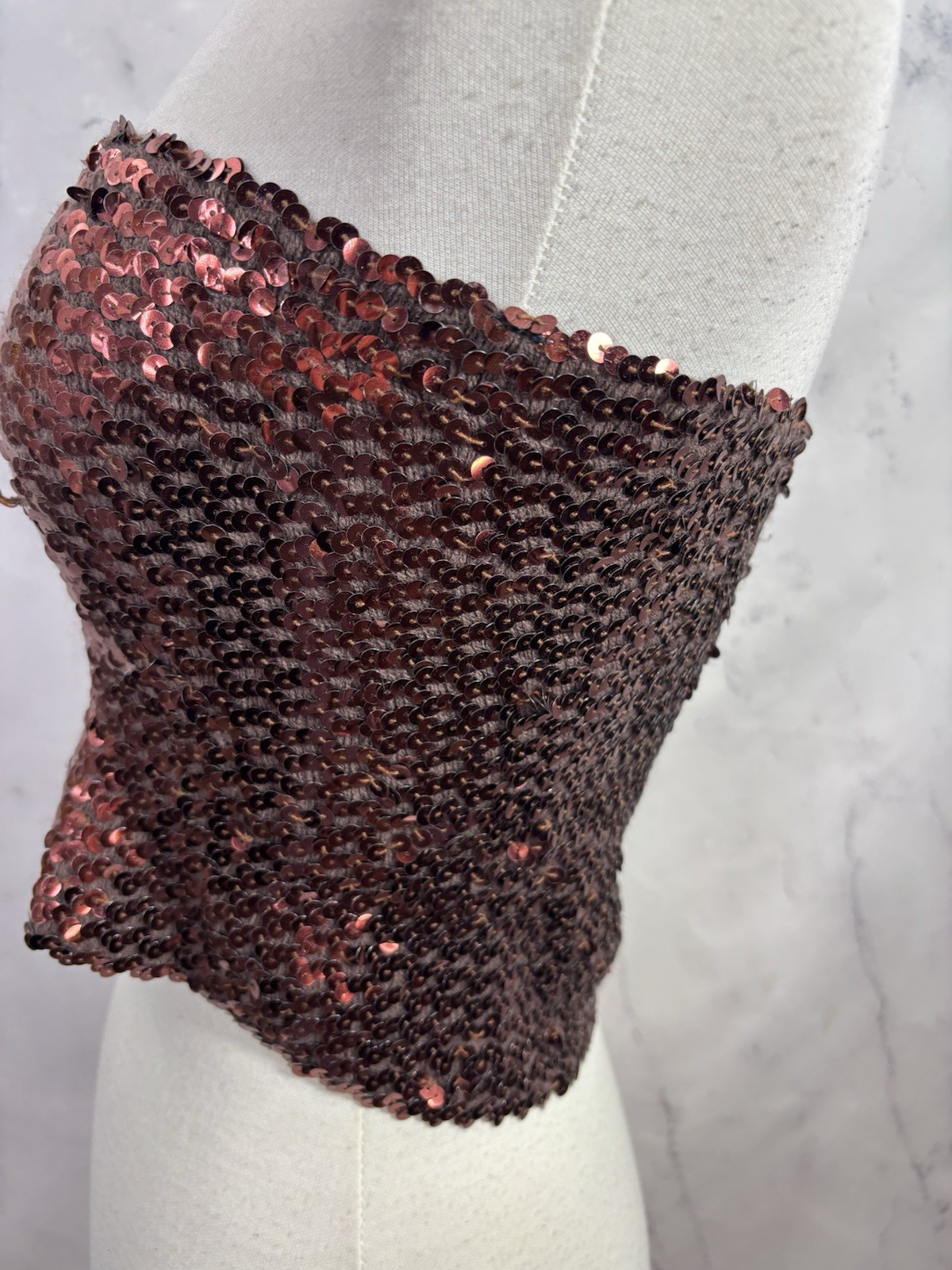 Vintage 1980s 90s Copper Brown Disco Sequin Tube Top Crop Top sz S USA Retro