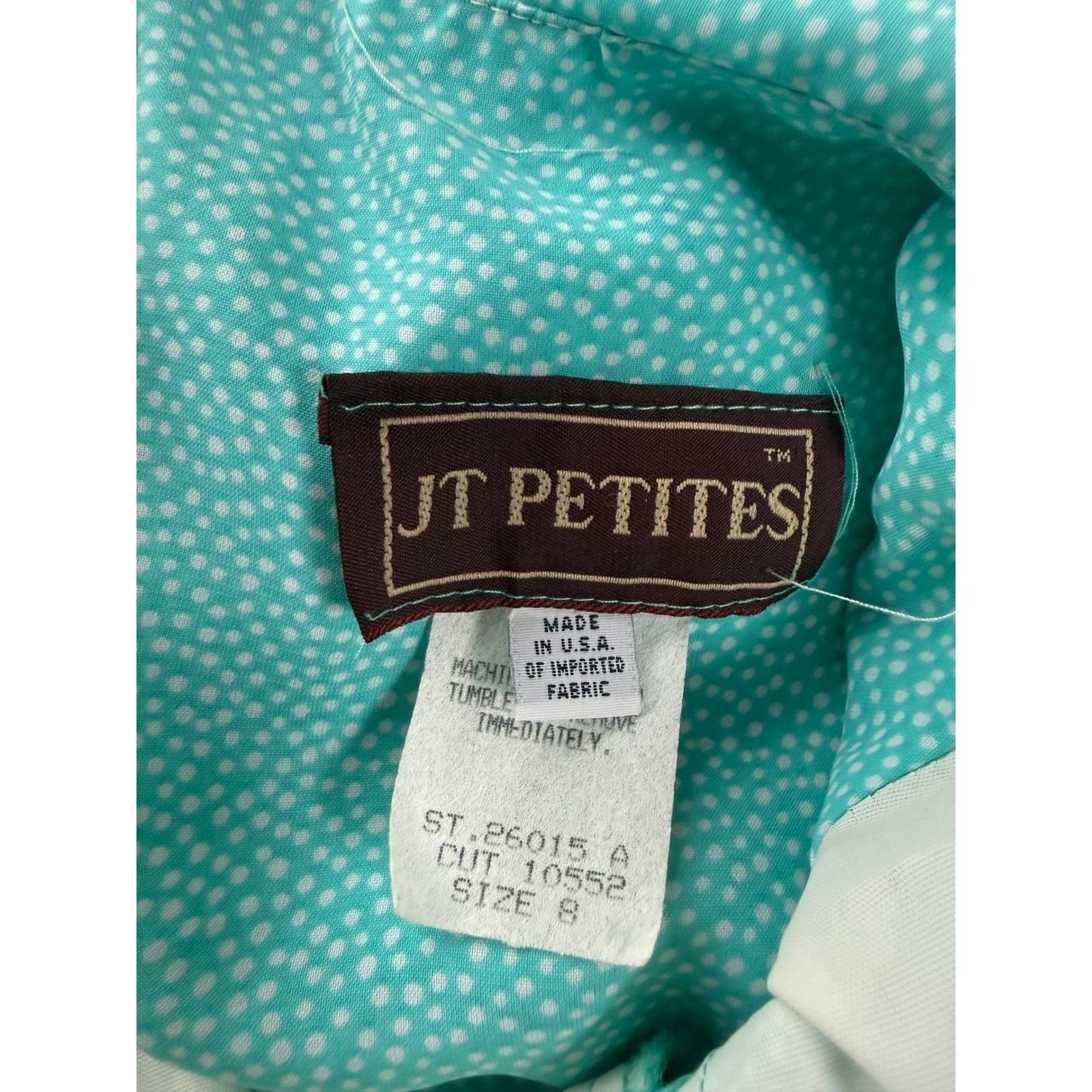 JT Petites Vintage 80s Polka Dot Midi Dress Aqua Blue Flutter Sleeve Size 8 USA