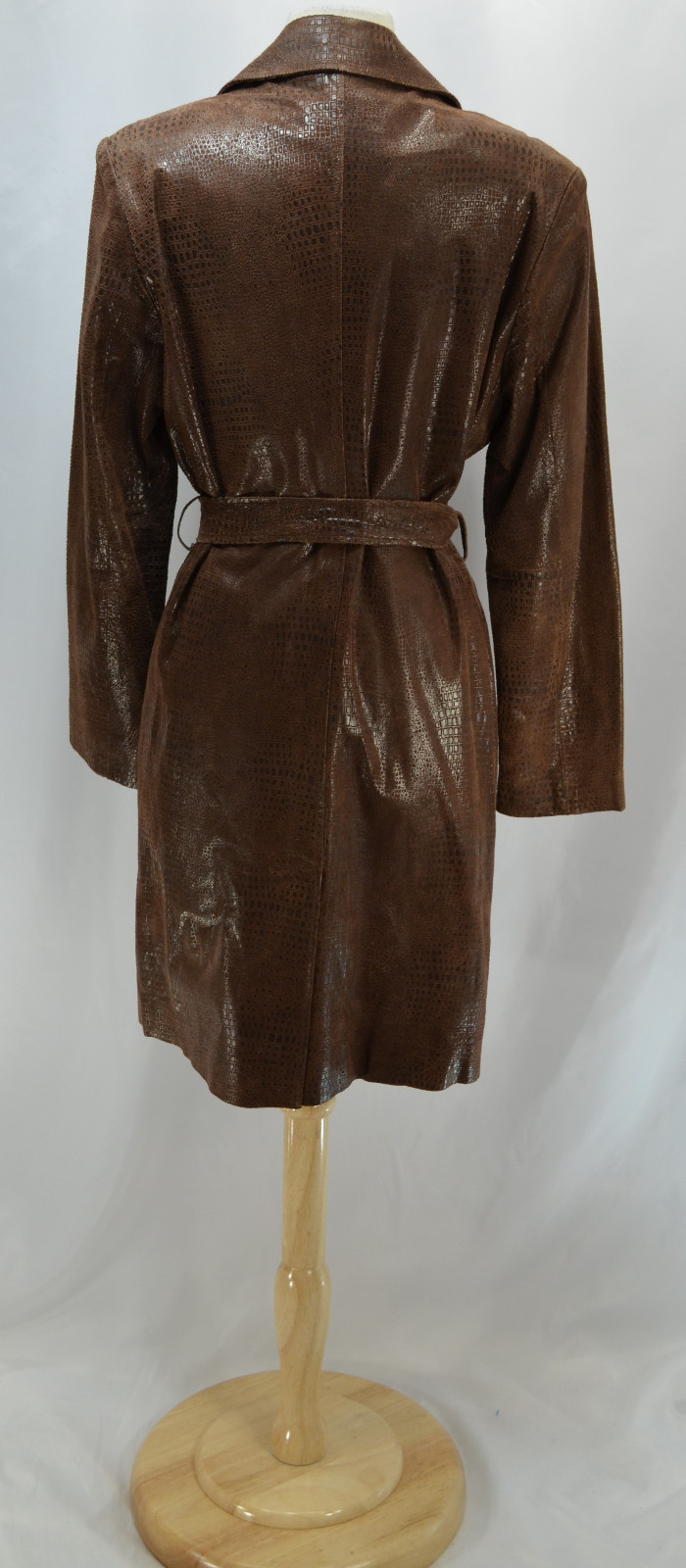 Marvin Richards Chocolate Brown Leather Reptile textured long coat trench VTG S