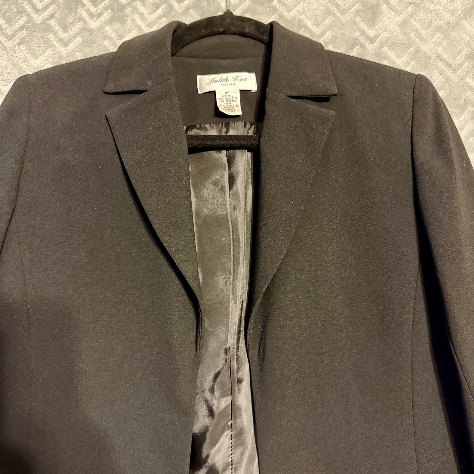 JUDITH HART Black Open Front Blazer Jacket Women’s Petite Sz 4P Notched Collar