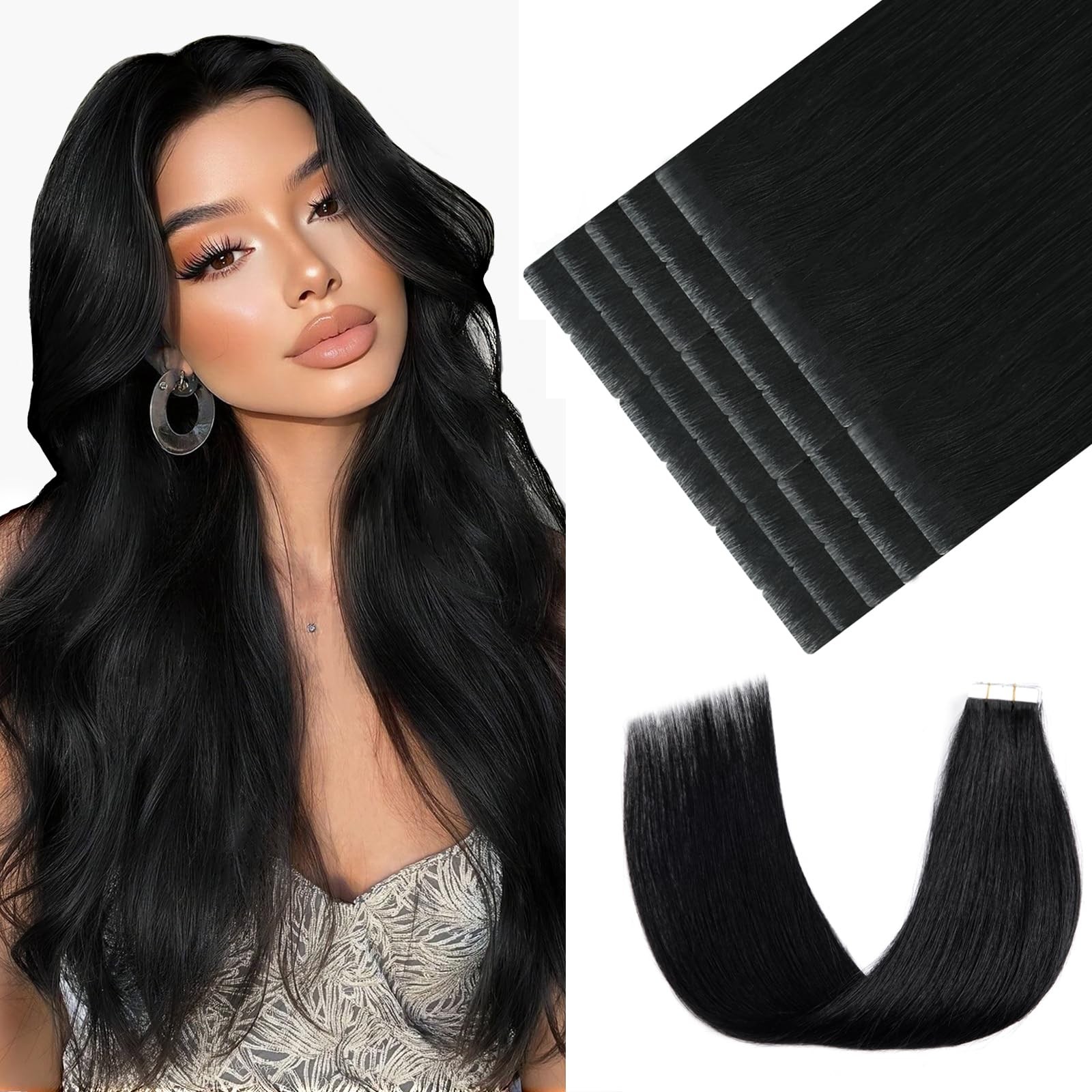 Youngsmile Injection Tape in Hair Extensions Real Human Hair, #1 Jet Black 14 In