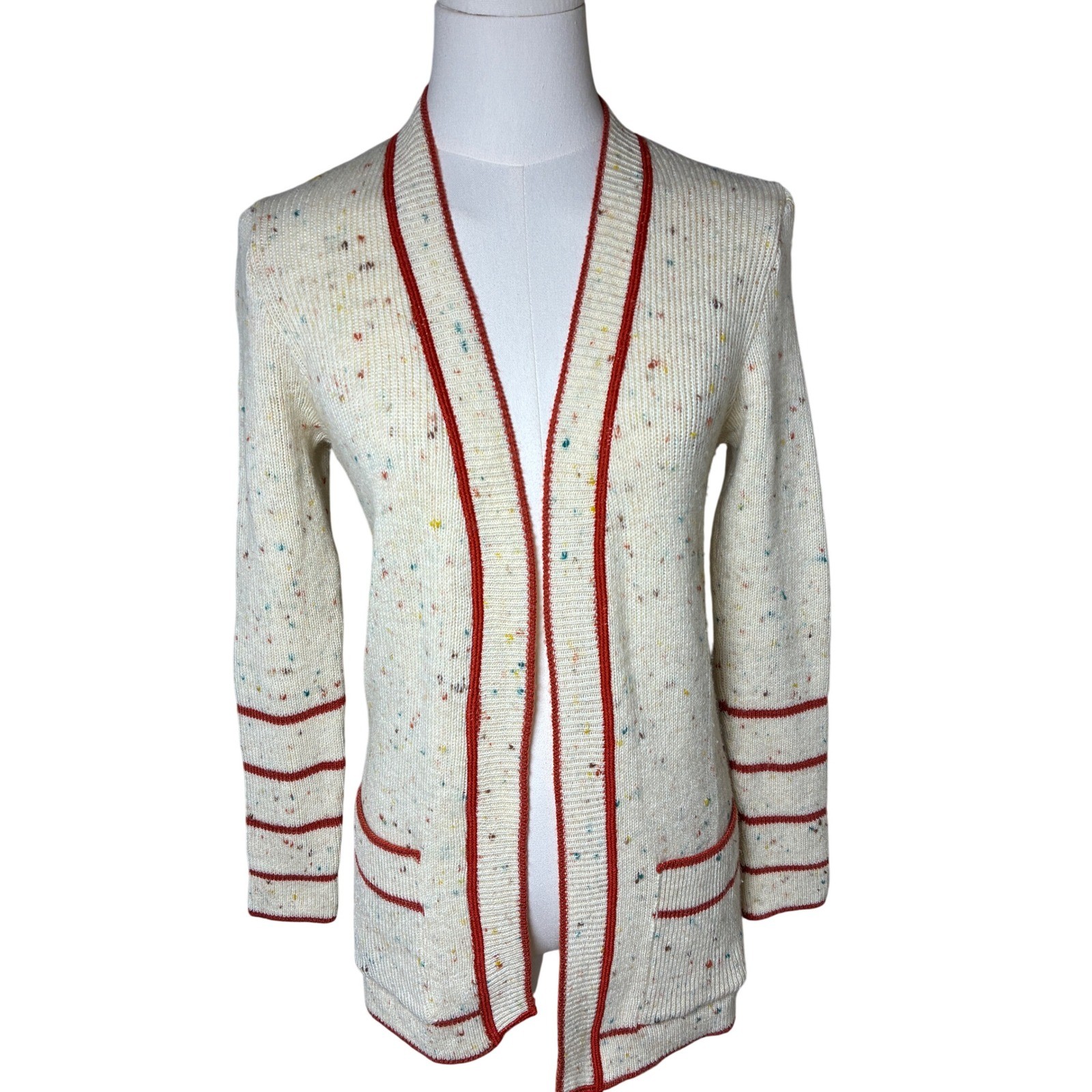 Vintage Roos Atkins Italy Confetti Knit Wool Blend Cardigan Red Trim Medium