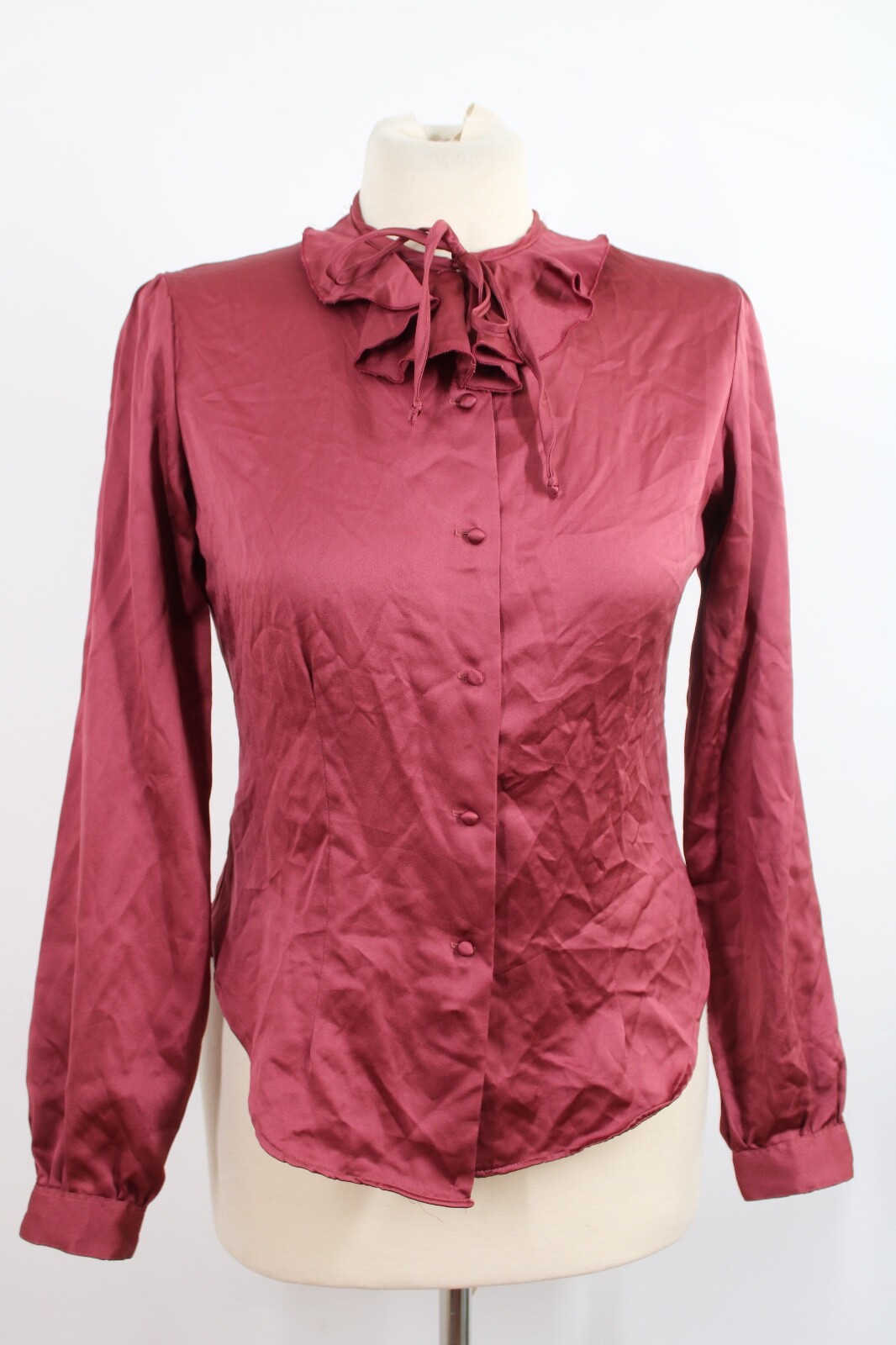 Vtg Stuart Lang NSL 7/8 Ruffle Tie Neck Rust Red Satin Button Front Top Shirt