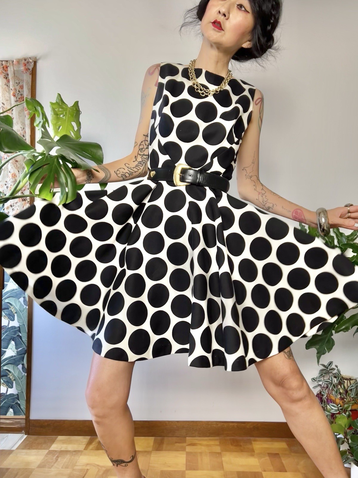 VTG 60s does 50s SABA CA Polka Dot Circle Skirt Dress Bullet Bust Mod S/M
