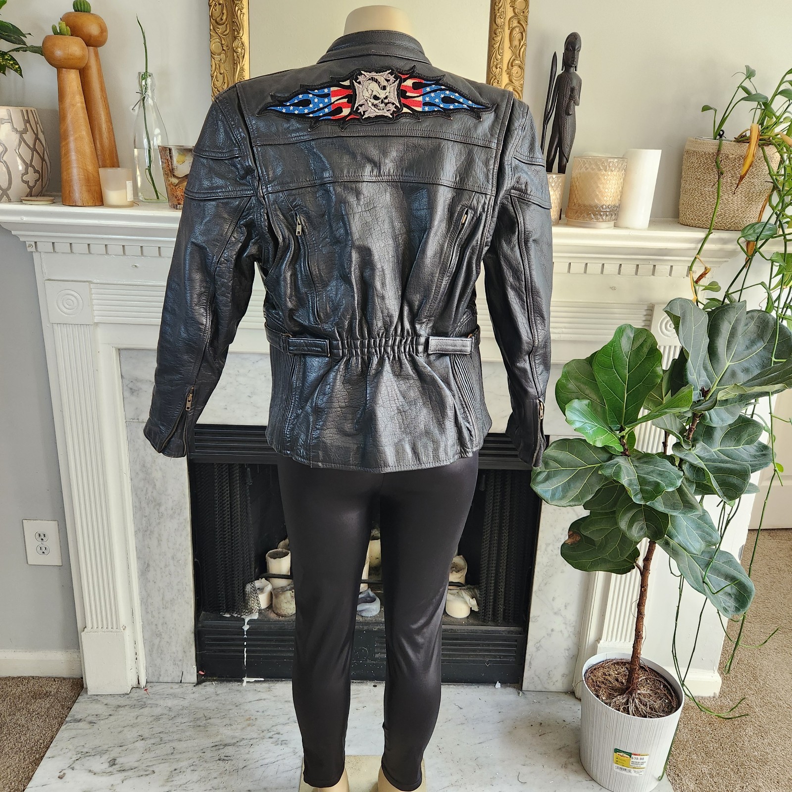 Vintage 80s Black Leather Moto Jacket Racing Biker Skull Size Medium Rocker