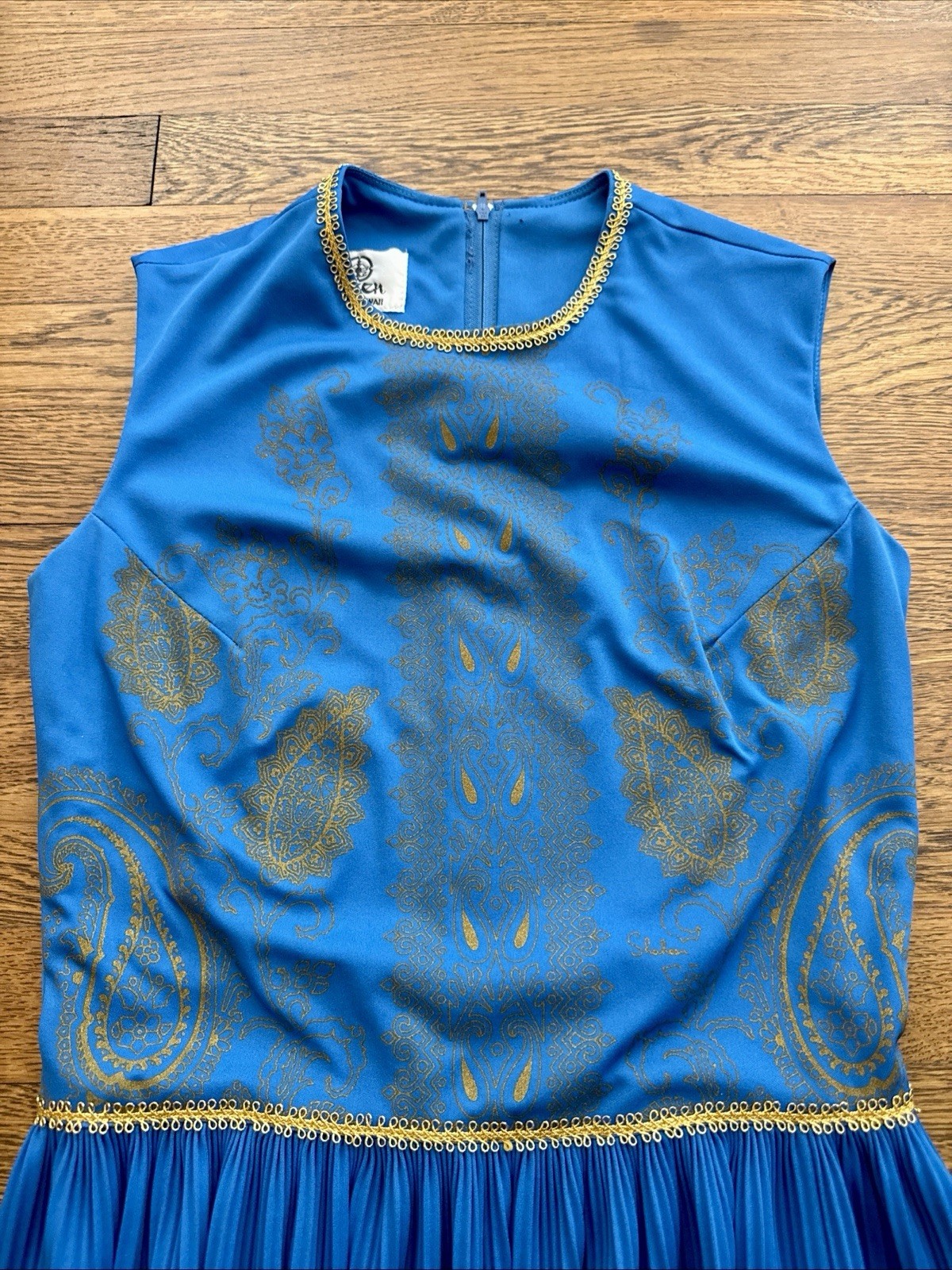 Vintage Alfred Shaheen Asian Inspired Hawaiian Aloha Maxi Dress Sz 8 Blue & Gold