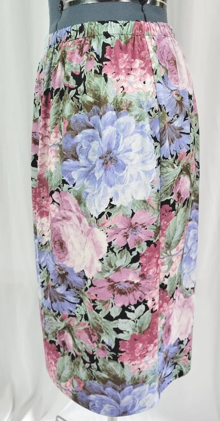 Vintage Pink/Purple/Green/Black Floral Elastic Waist Skirt Size 14
