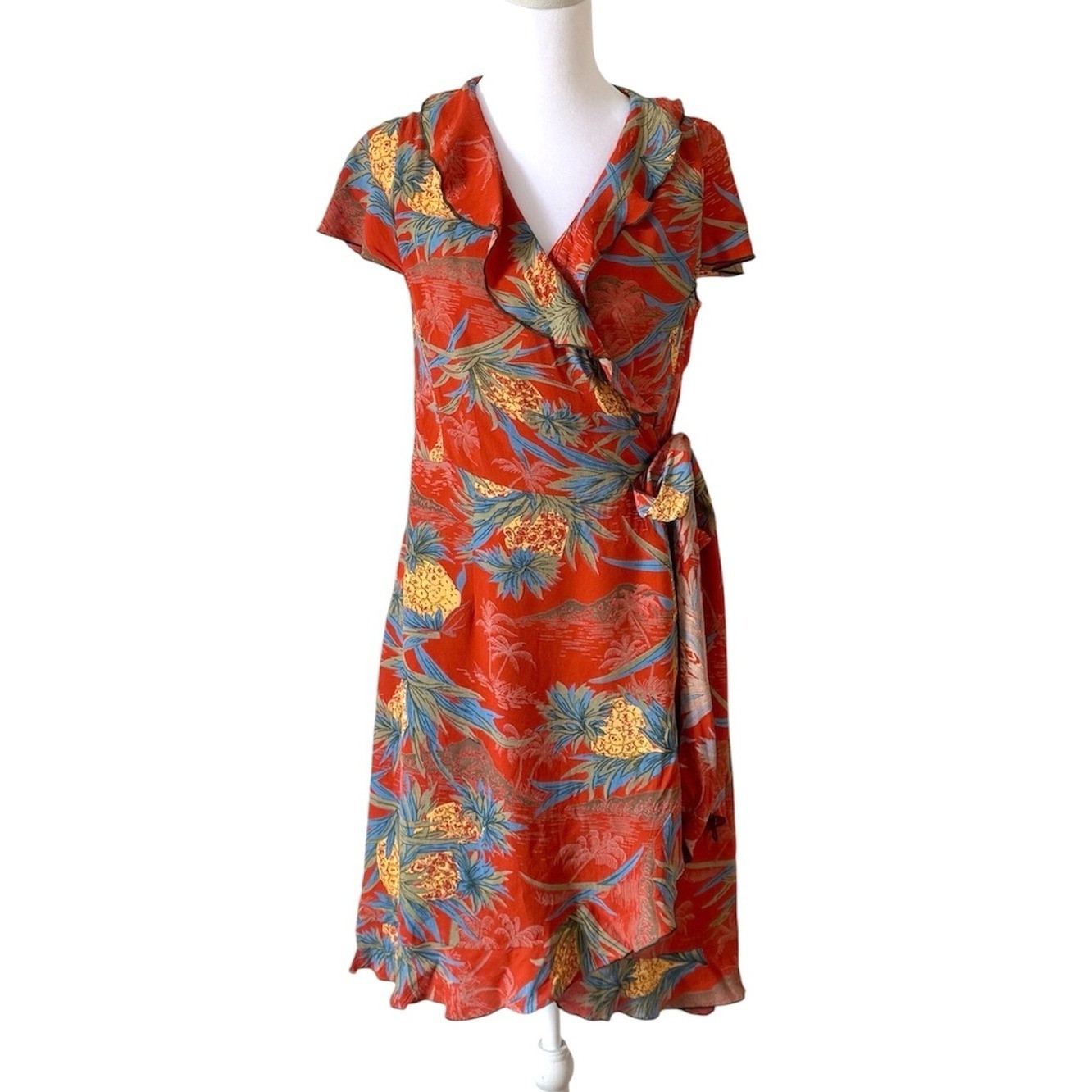 Vintage Diva Dollz Wrap Dress Hawaiian Print Pineapple Coastal Tropical Medium