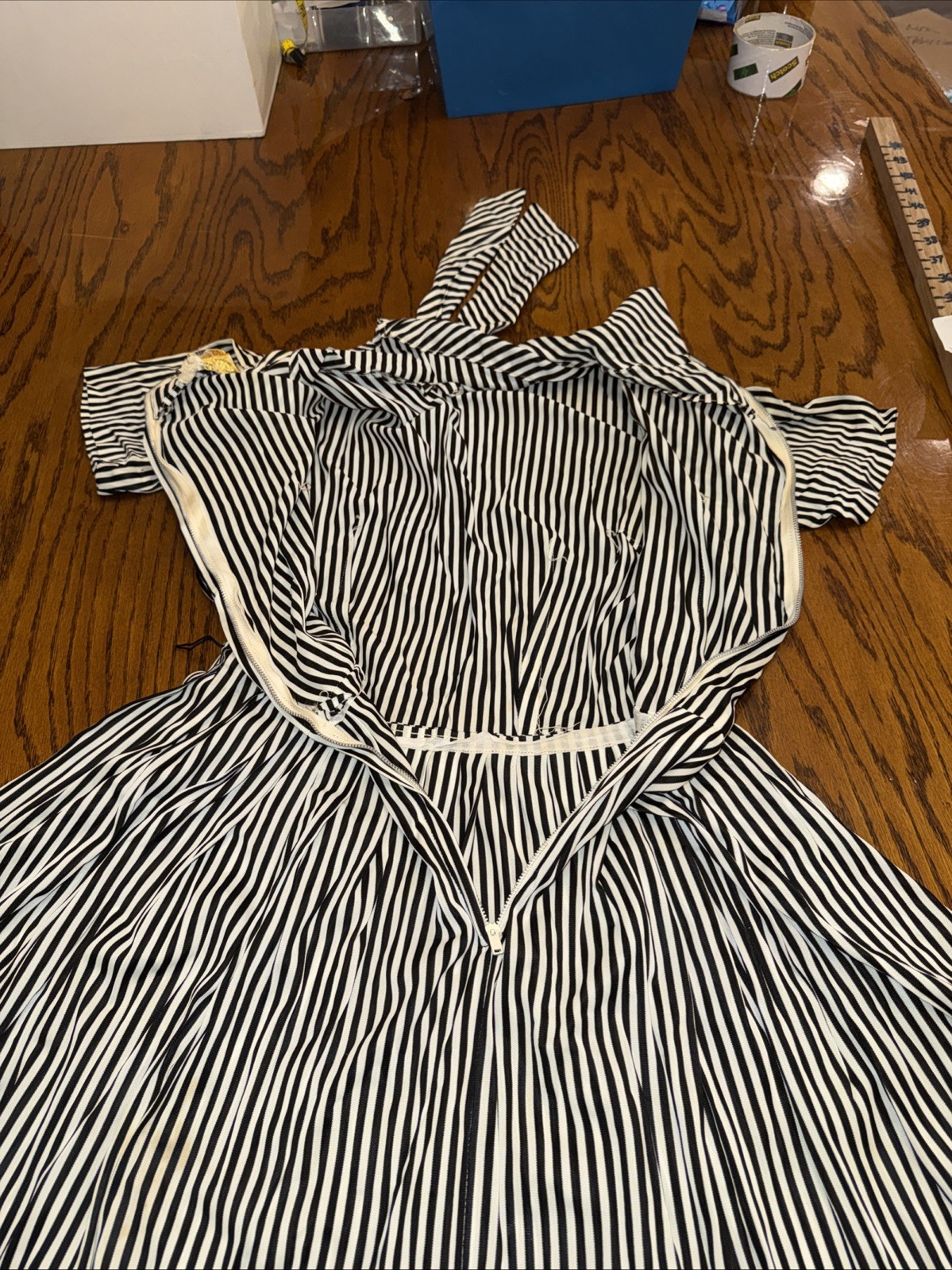 VTG 1970s Helen Scott Striped Midi Dress M/L Rockabilly Secretary Tie Neck
