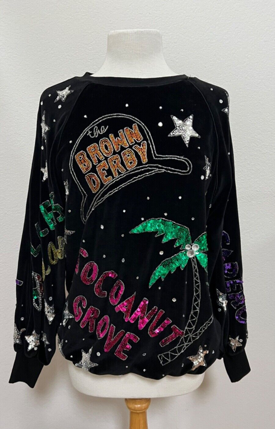 BONNIE BOERER BROWN DERBY COCOANUT GROVE WOMENS BLACK VELVET SEQUINS SWEATER S