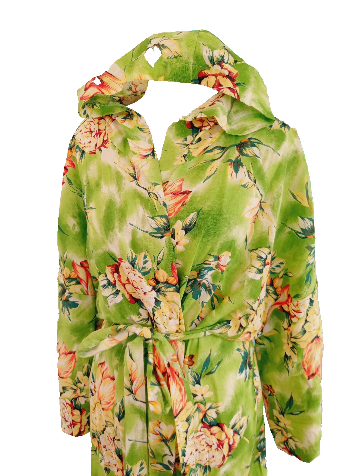 VTG Green Floral Hawaiian Bath Robe w/ Hood LARGE Cotton Barkcloth Tropical USA