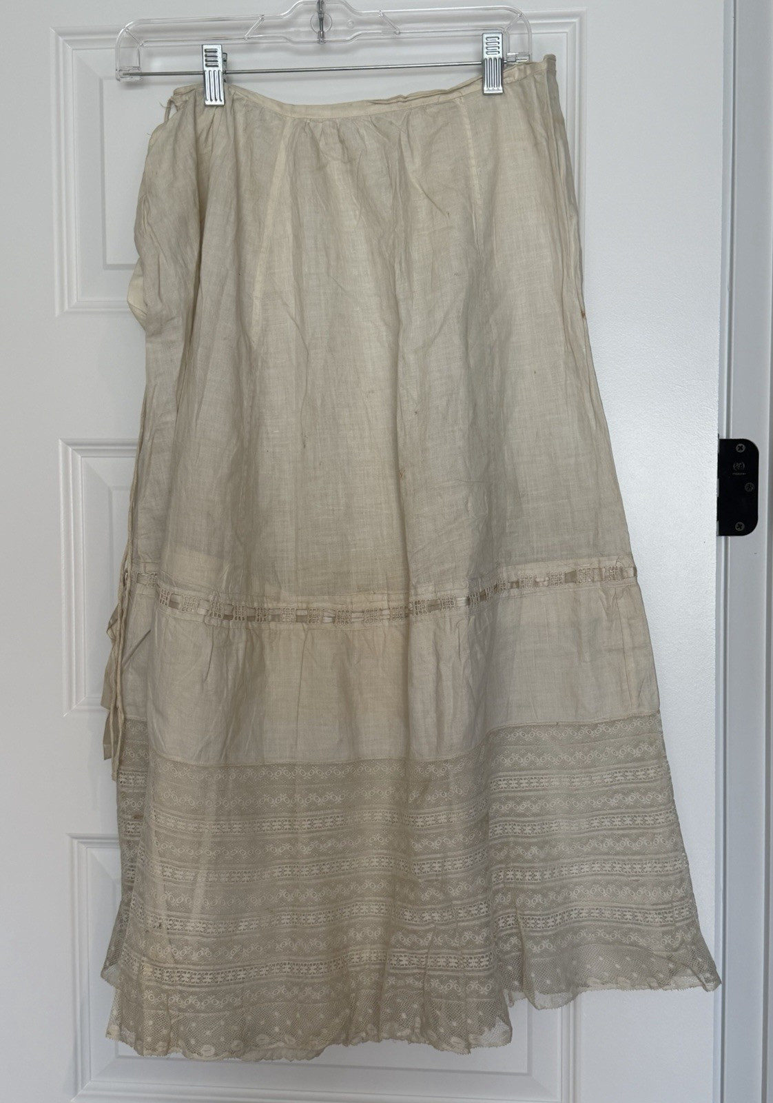 Antique Edwardian Linen Cotton Skirt Petticote Ladder-Lace Insert & Lace Trim