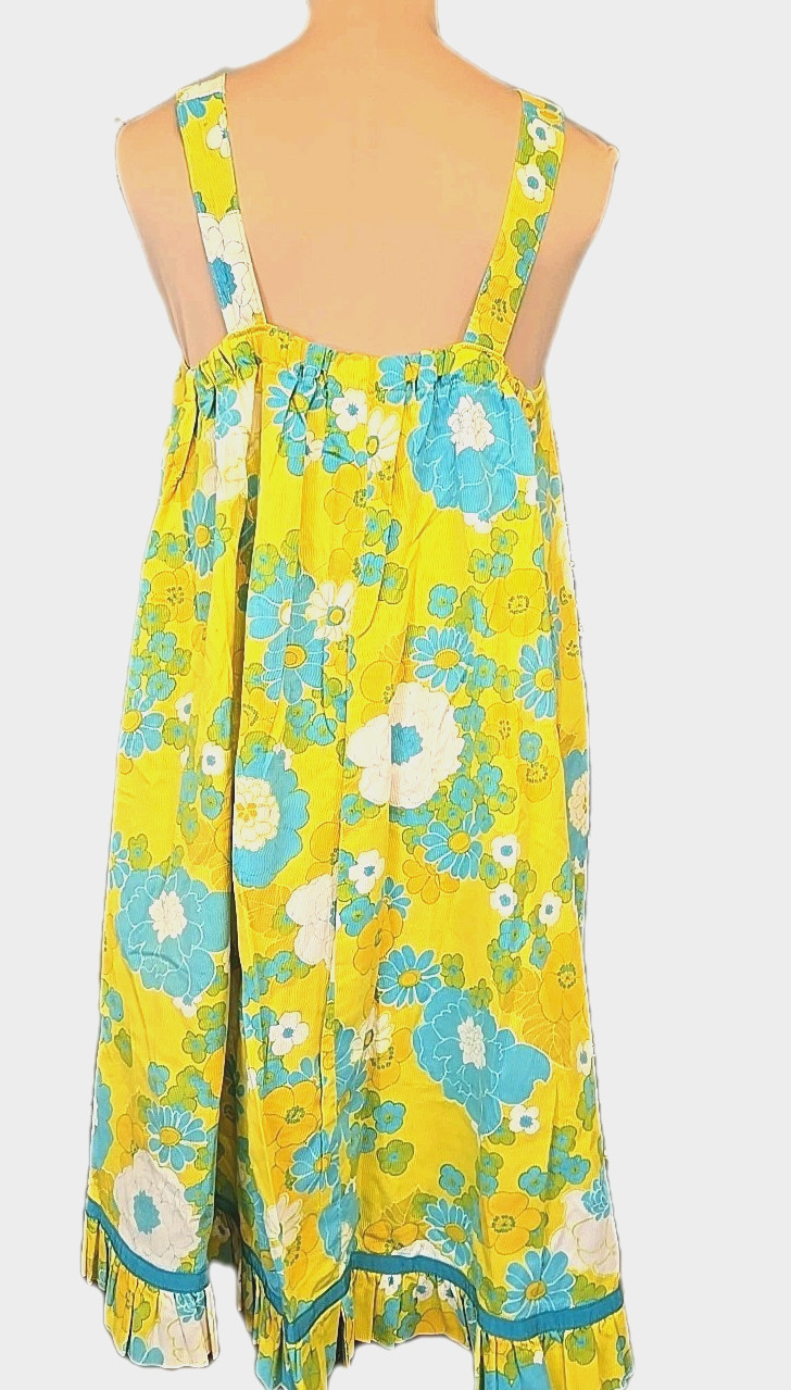 Vintage MOD 60s 70s YELLOW BLUE CREAM floral midi sundress size S/M/L Handmade