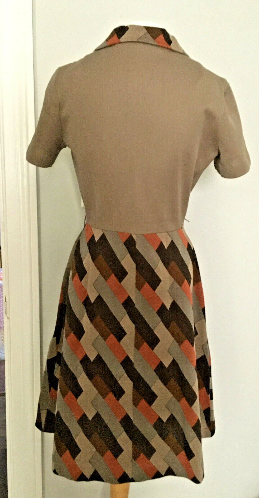 Vintage Puritan Forever Young Brown Geometric Skirt Point Collar Midi Dress Sz 7
