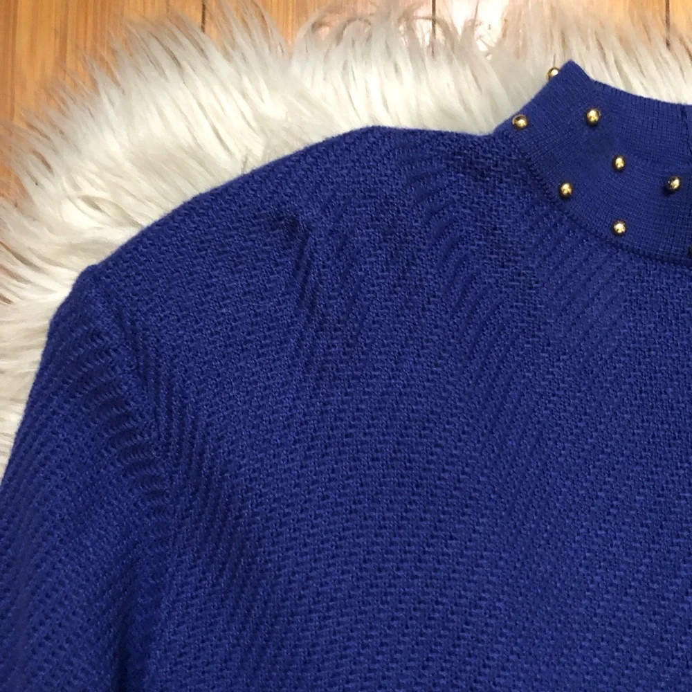 Vintage 70s 80s CIAO Ltd Wool Preppy Gold Stud Cobalt Midi Knot Sweater Dress 12