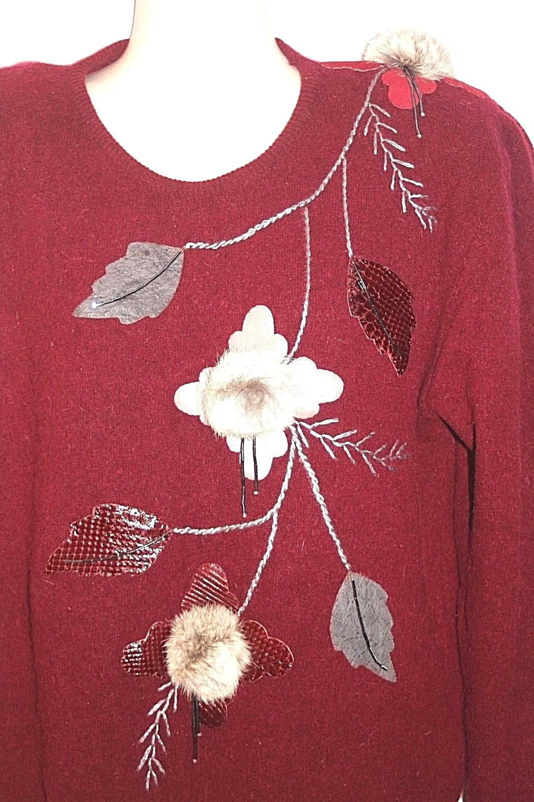 LONTHAR VINTAGE Angora Sweater Chinchilla Appliqués Work of Art Sz L/XL *VG-EXC