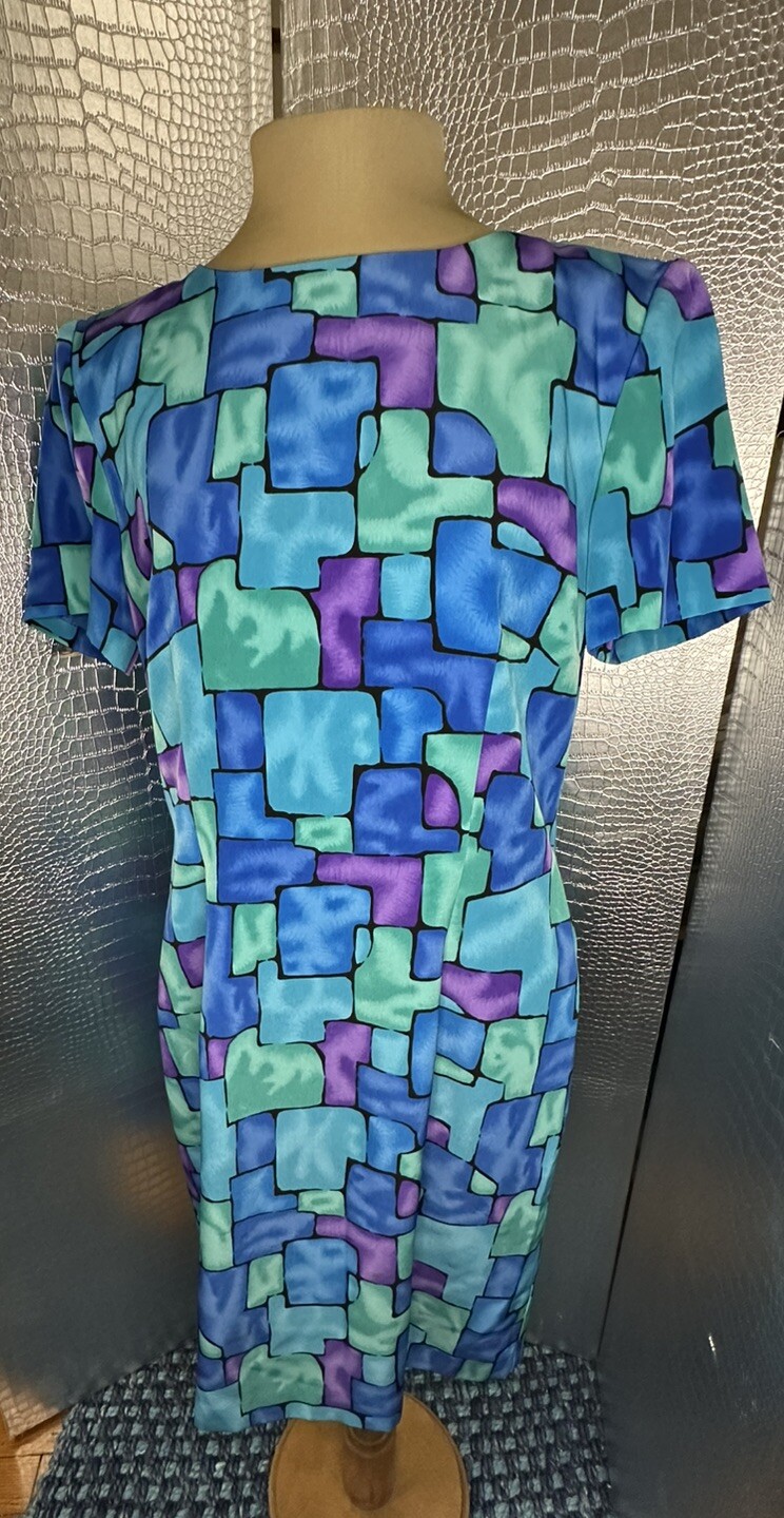 Vintage Geometric Blue Watercolor Dress By John Roberts Size 8