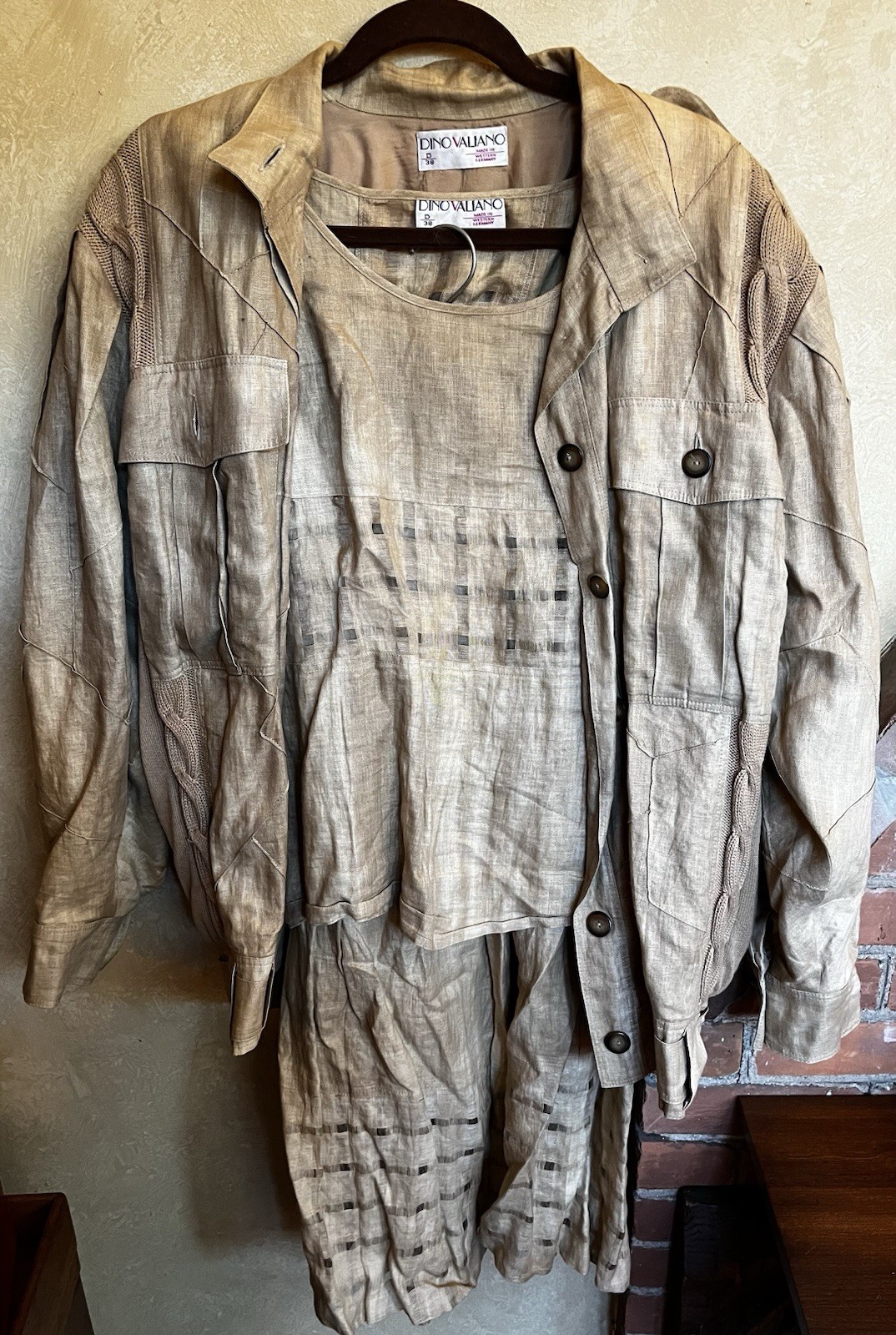 Vintage 80’s Post Modern Dino Valiano Women’s 3 Piece Cotton Tan Outfit D 38