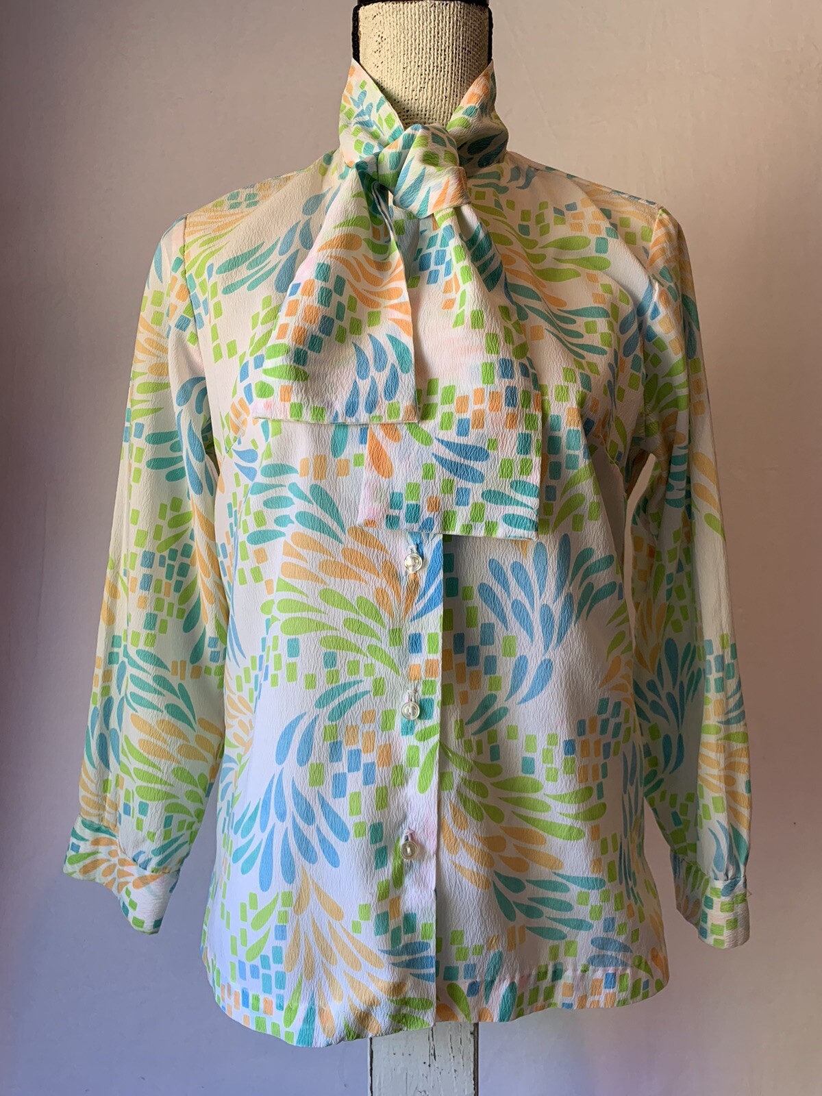 Vtg Ascot Blouse Tie Neck Long Sleeve Sheer Button Up Colorful Firework Bursts